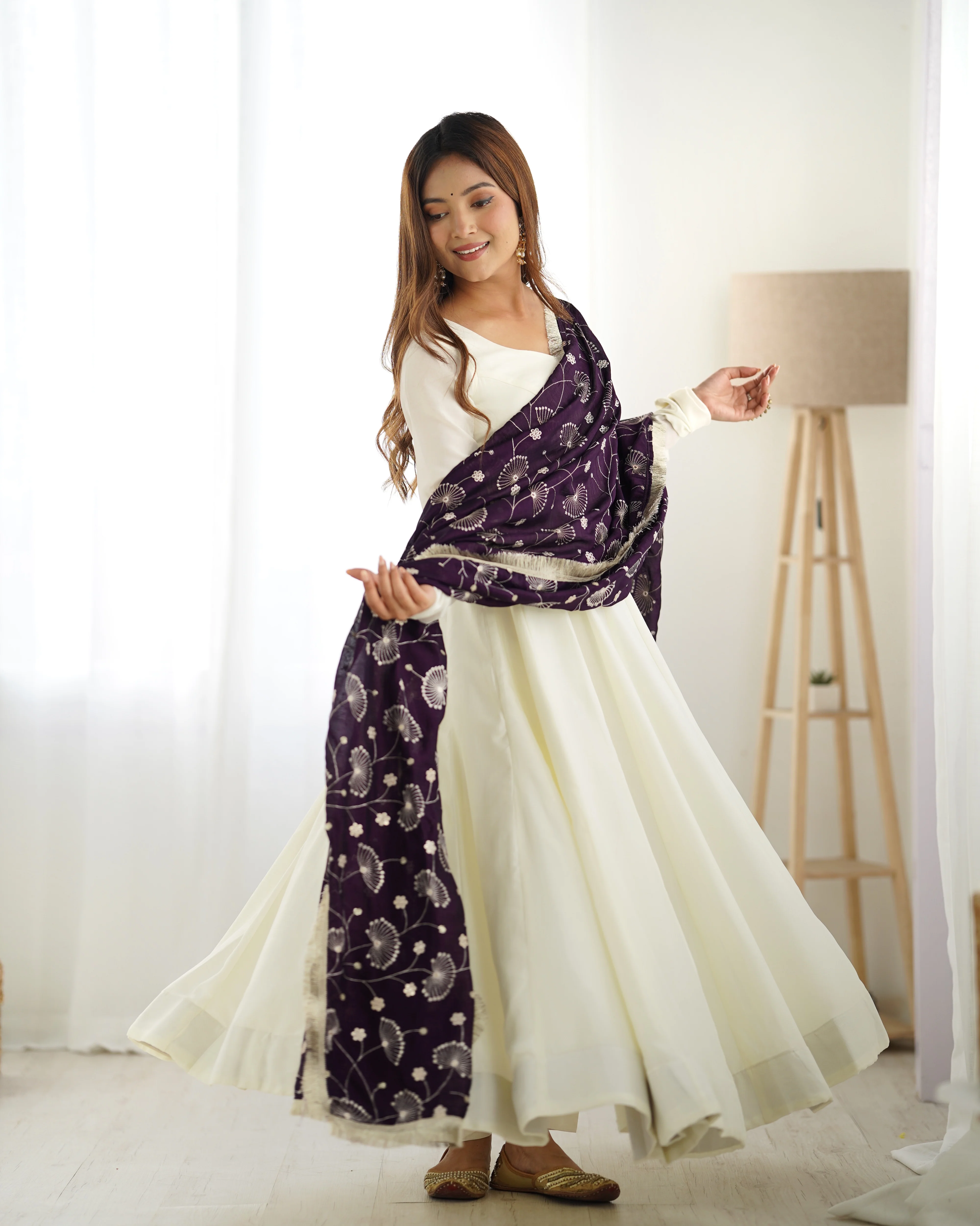 Pure Soft Vichitra Silk Fabric Fully Flair Kali Pattern and Canvas Patta With Dupatta Set, Pent Ready To Wear - Dark Purple - Image 4