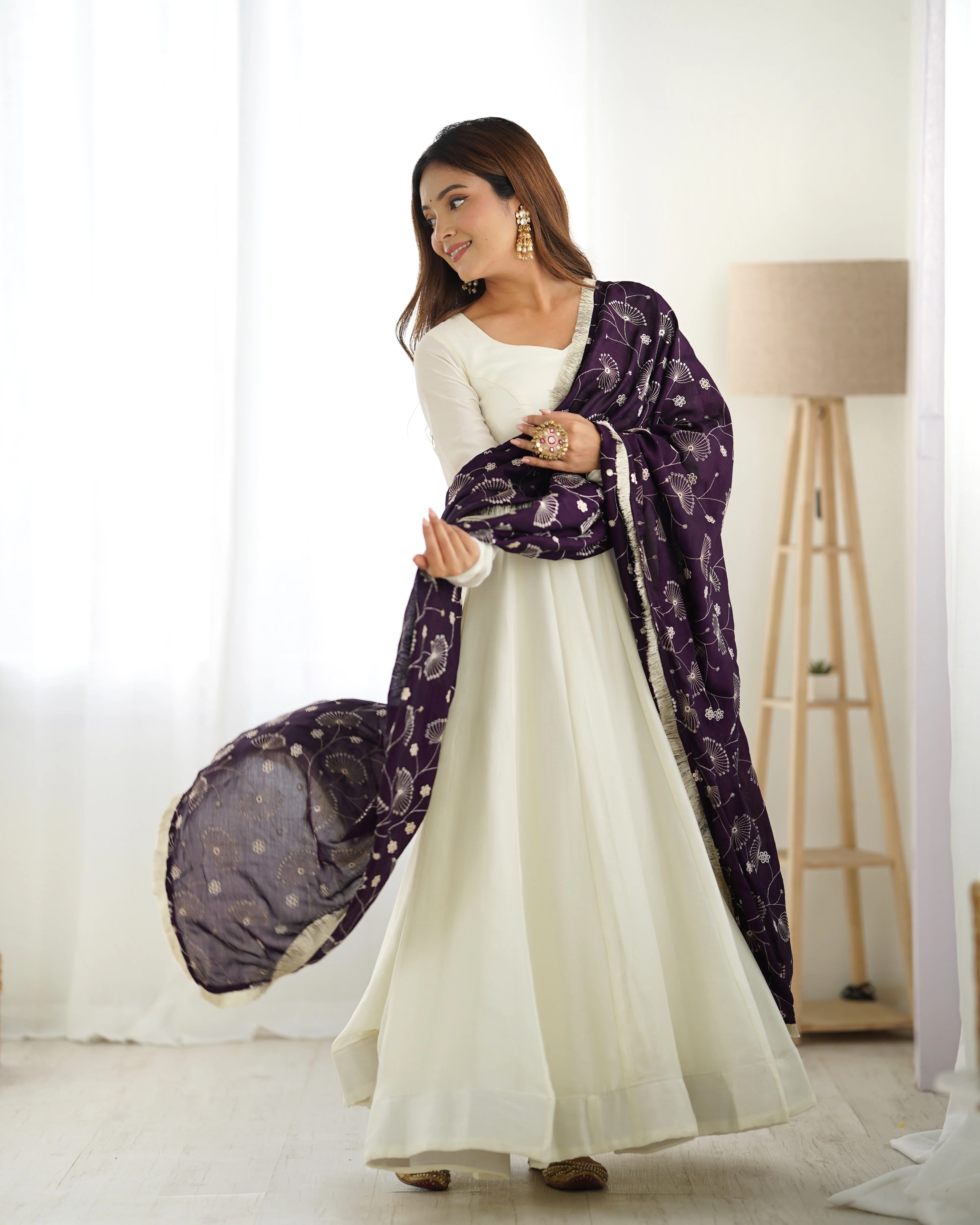 Pure Soft Vichitra Silk Fabric Fully Flair Kali Pattern and Canvas Patta With Dupatta Set, Pent Ready To Wear - Dark Purple - Image 6