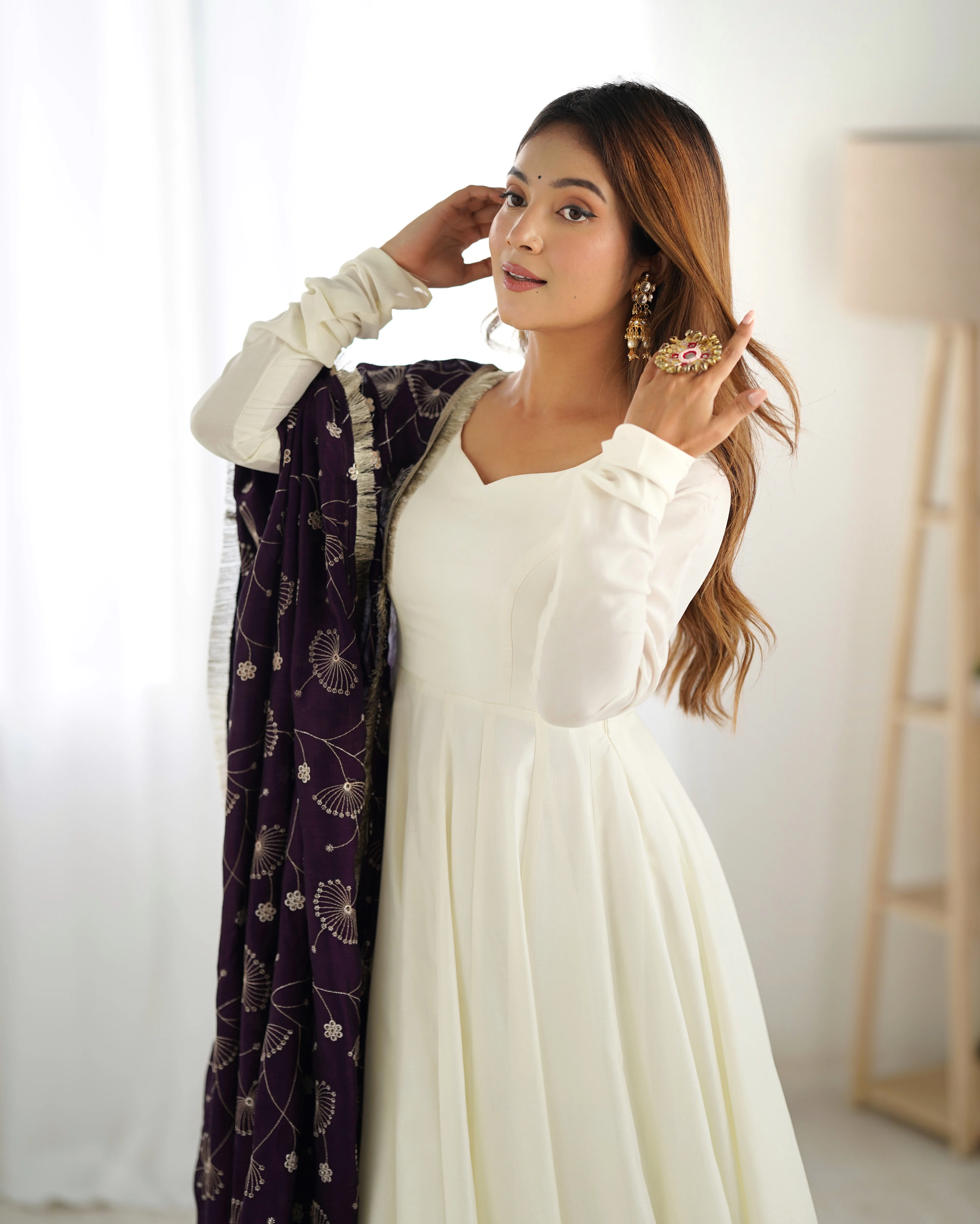 Pure Soft Vichitra Silk Fabric Fully Flair Kali Pattern and Canvas Patta With Dupatta Set, Pent Ready To Wear - Dark Purple - Image 8