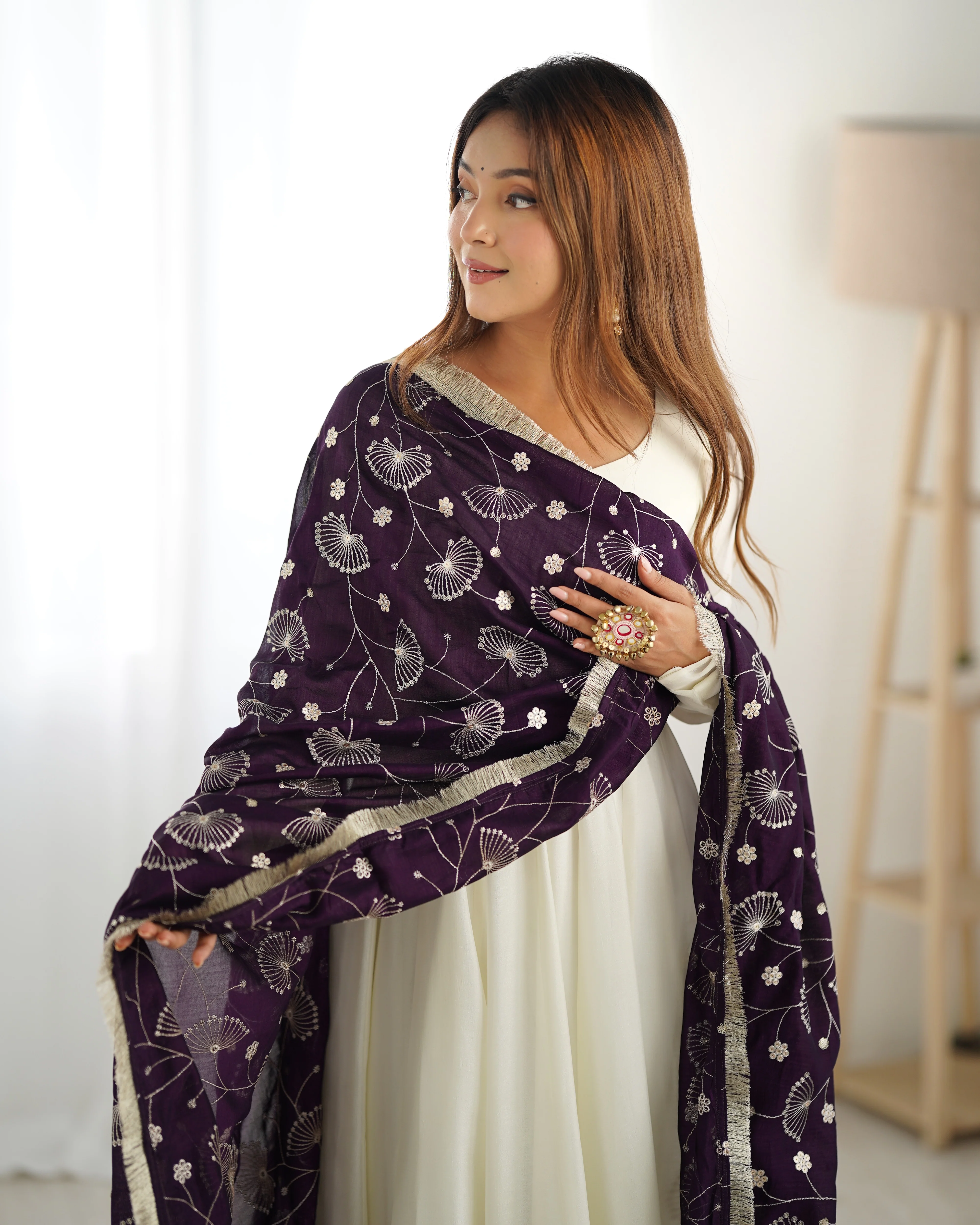 Pure Soft Vichitra Silk Fabric Fully Flair Kali Pattern and Canvas Patta With Dupatta Set, Pent Ready To Wear - Dark Purple - Image 9
