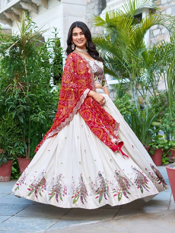 Pure Tissue Silk Heavy Embroidery Sequence & Thred Work Lehenga Choli Set - Image 9