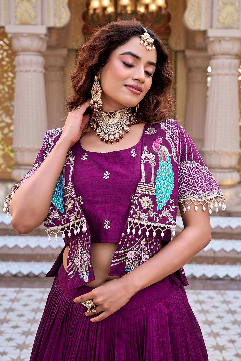 Pure Vichitra Heavy Embroidery Lehenga Choli with Designer Koti Set - Image 2
