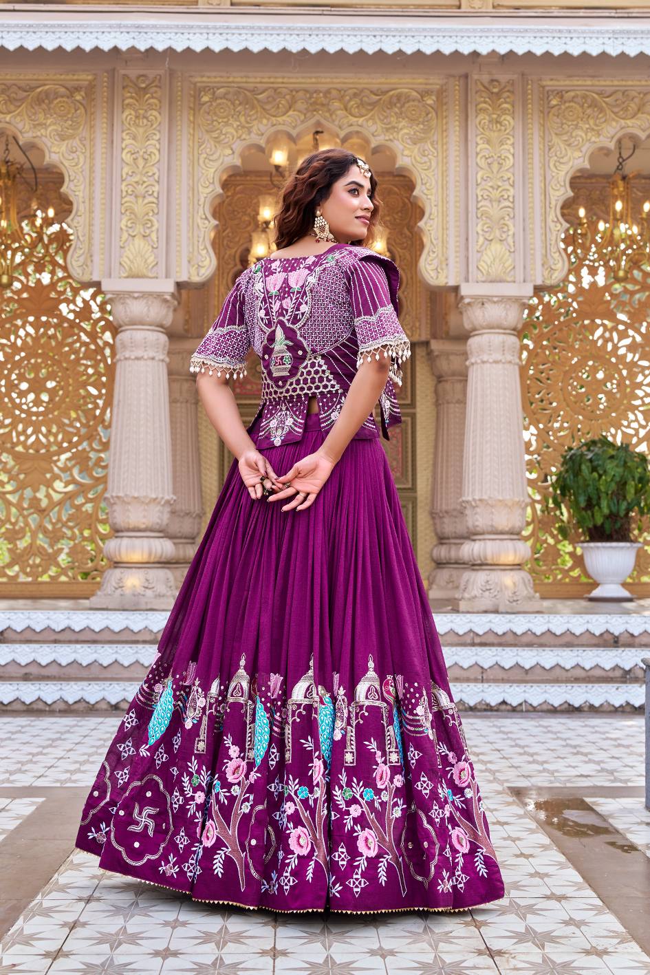 Pure Vichitra Heavy Embroidery Lehenga Choli with Designer Koti Set - Image 3