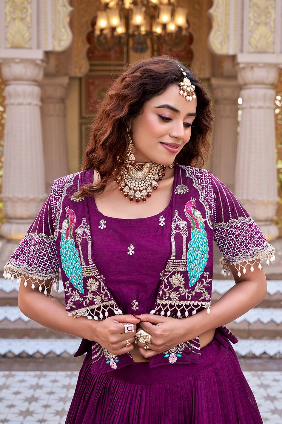 Pure Vichitra Heavy Embroidery Lehenga Choli with Designer Koti Set - Image 4