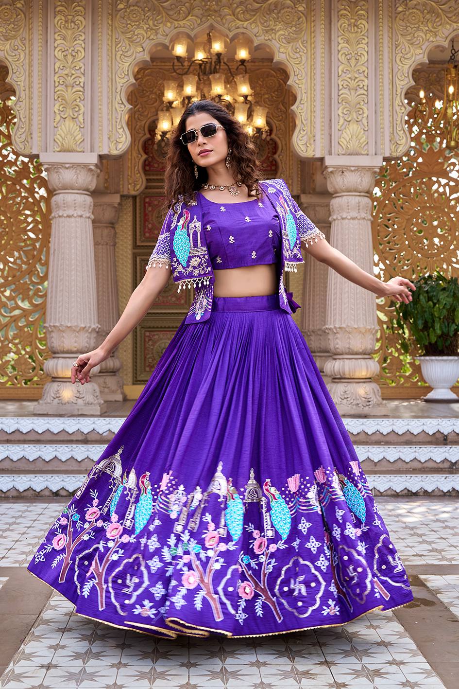Pure Vichitra Heavy Embroidery Lehenga Choli with Designer Koti Set - Image 5