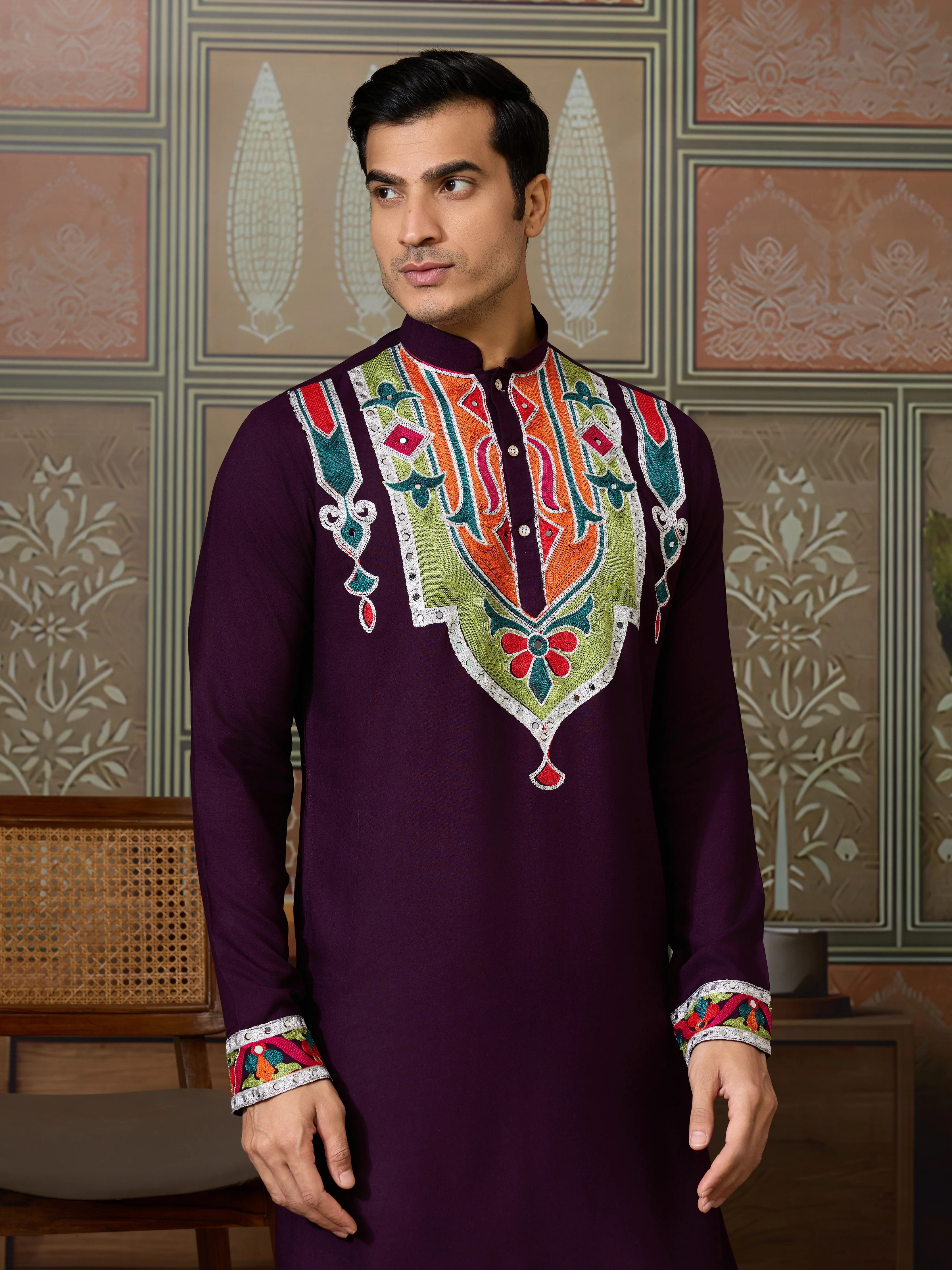 Purple Festival Wear Embroidery Mens Wear Kurta - Image 2