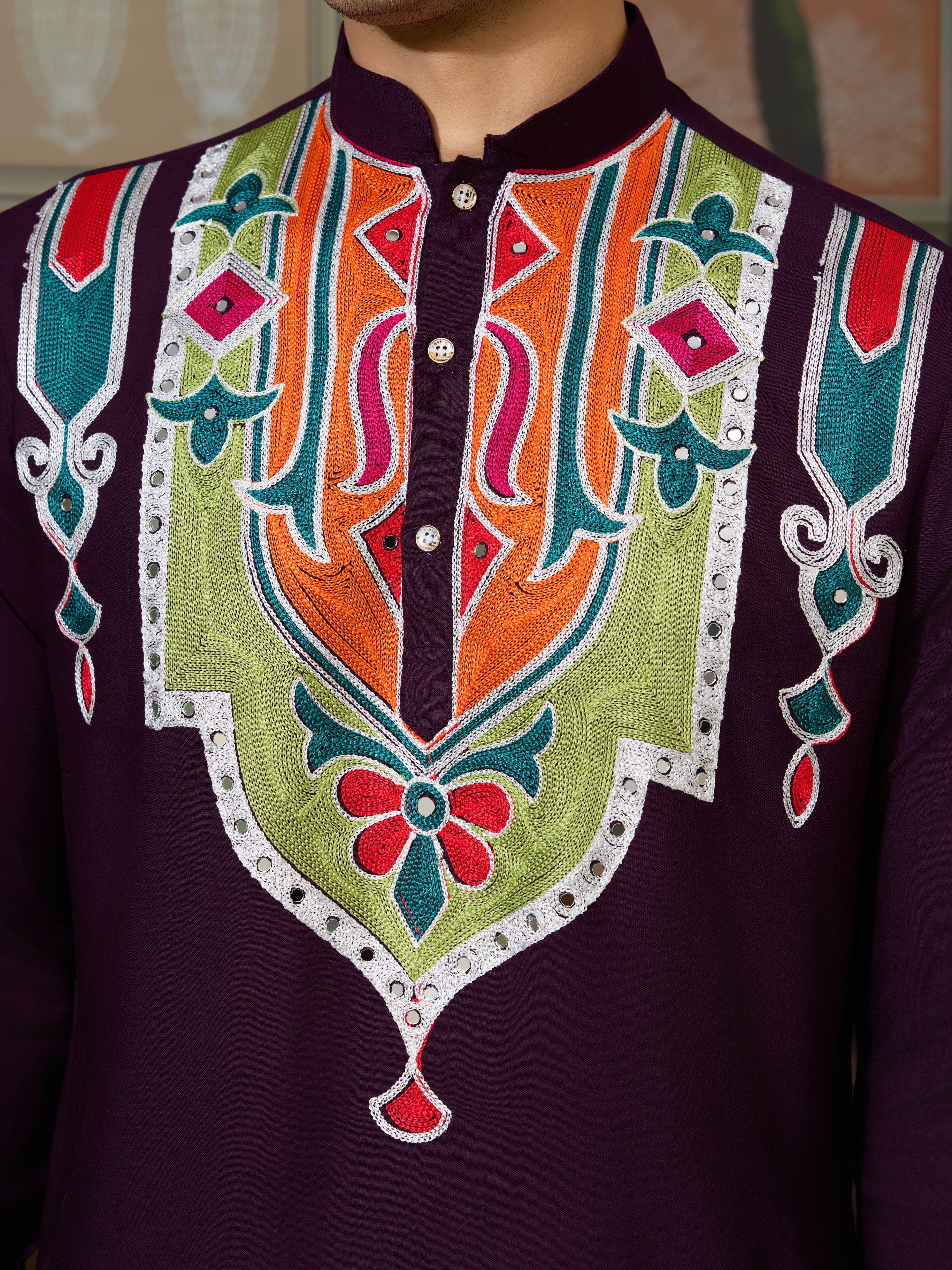 Purple Festival Wear Embroidery Mens Wear Kurta - Image 3