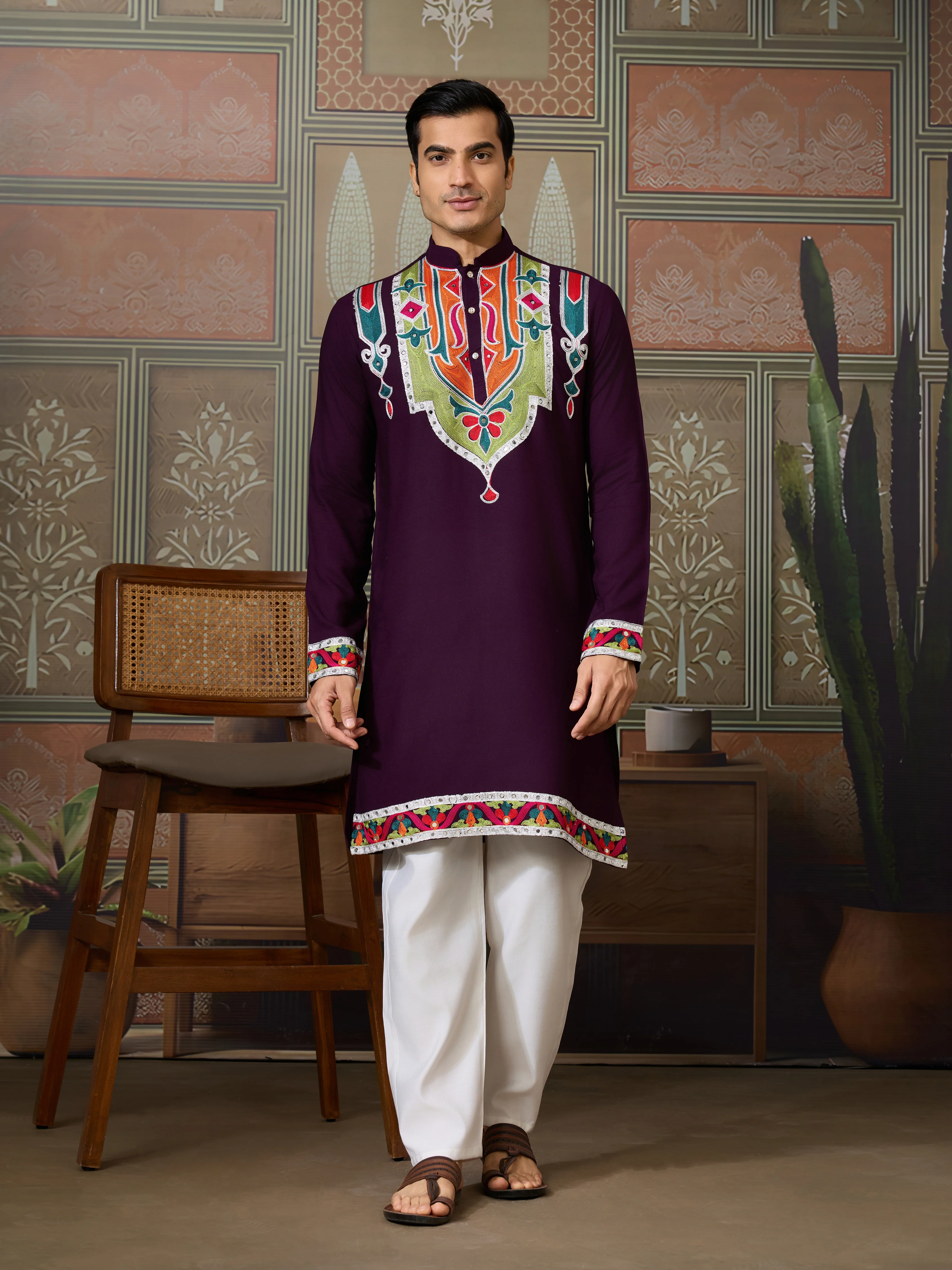 Purple Festival Wear Embroidery Mens Wear Kurta - Image 4
