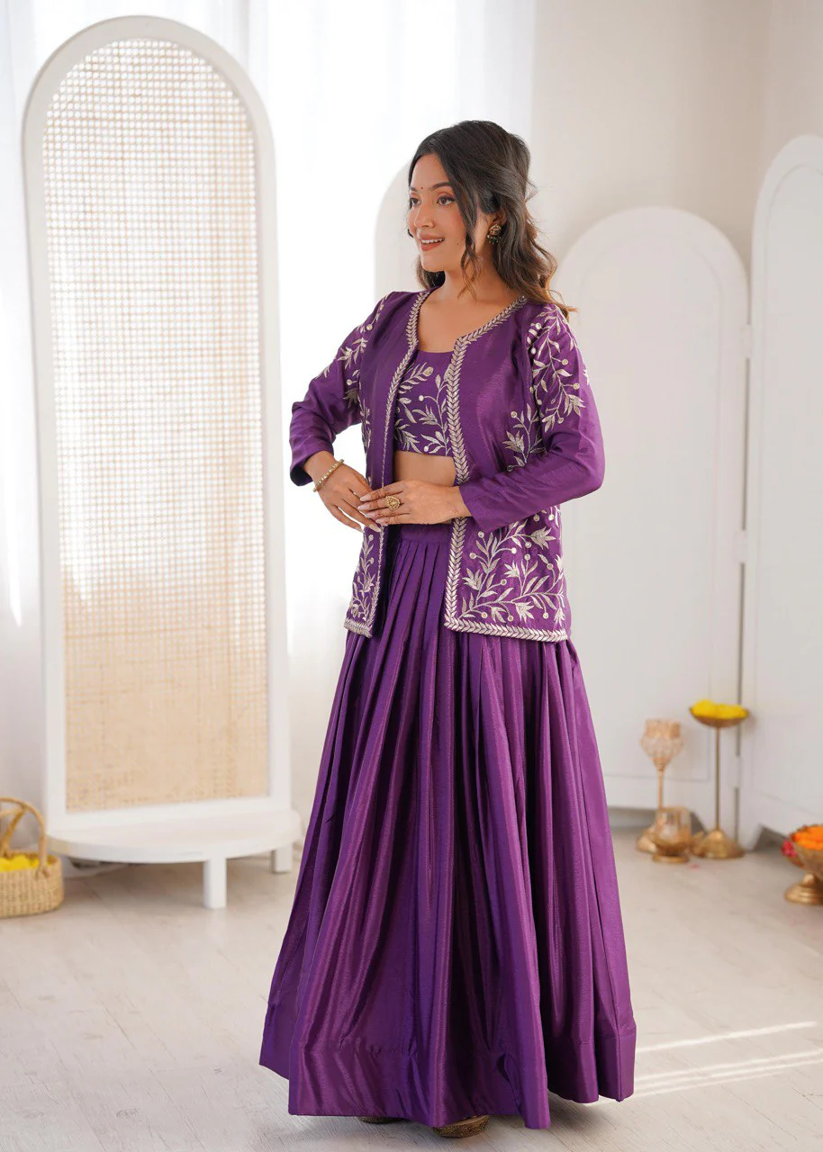 Purple Heavy Chinon Silk Embroidered Lehenga Choli Set With Koti - Image 3