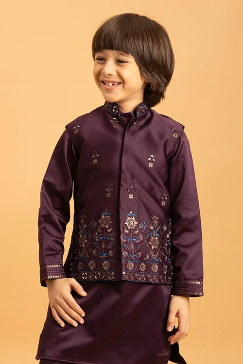 Purple Mirror Work Koti Kurta Set for Boys - Image 2