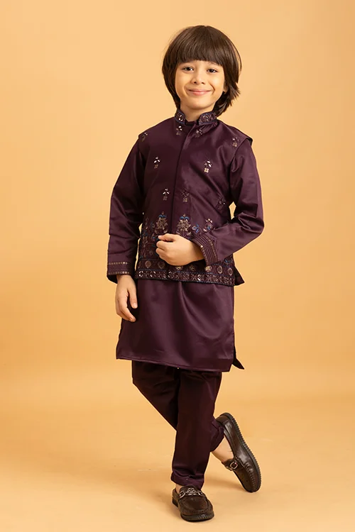 Purple Mirror Work Koti Kurta Set for Boys - Image 3