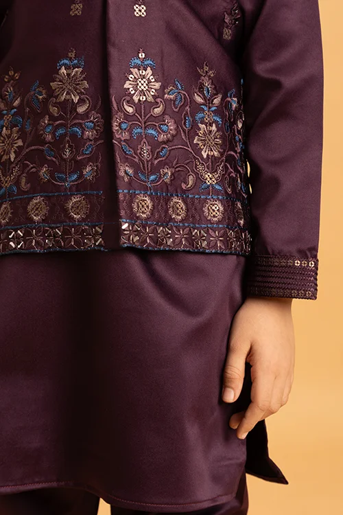 Purple Mirror Work Koti Kurta Set for Boys - Image 4