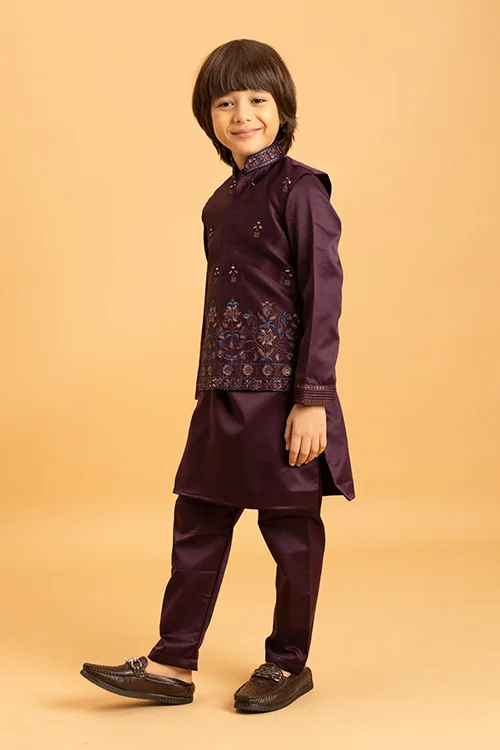 Purple Mirror Work Koti Kurta Set for Boys - Image 5