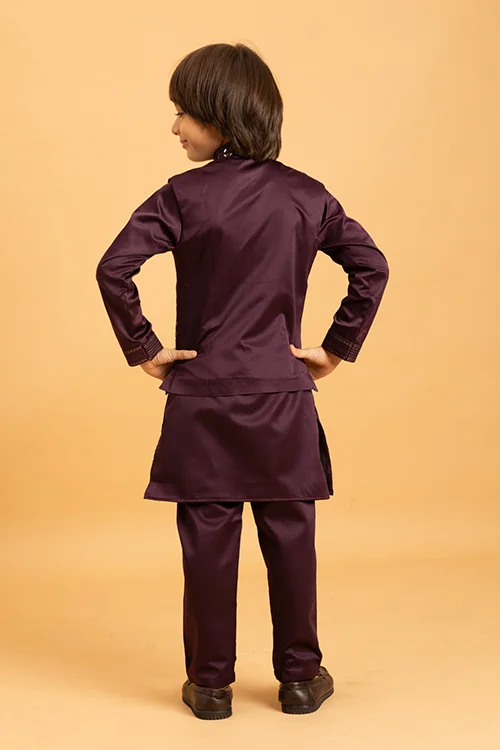 Purple Mirror Work Koti Kurta Set for Boys - Image 6