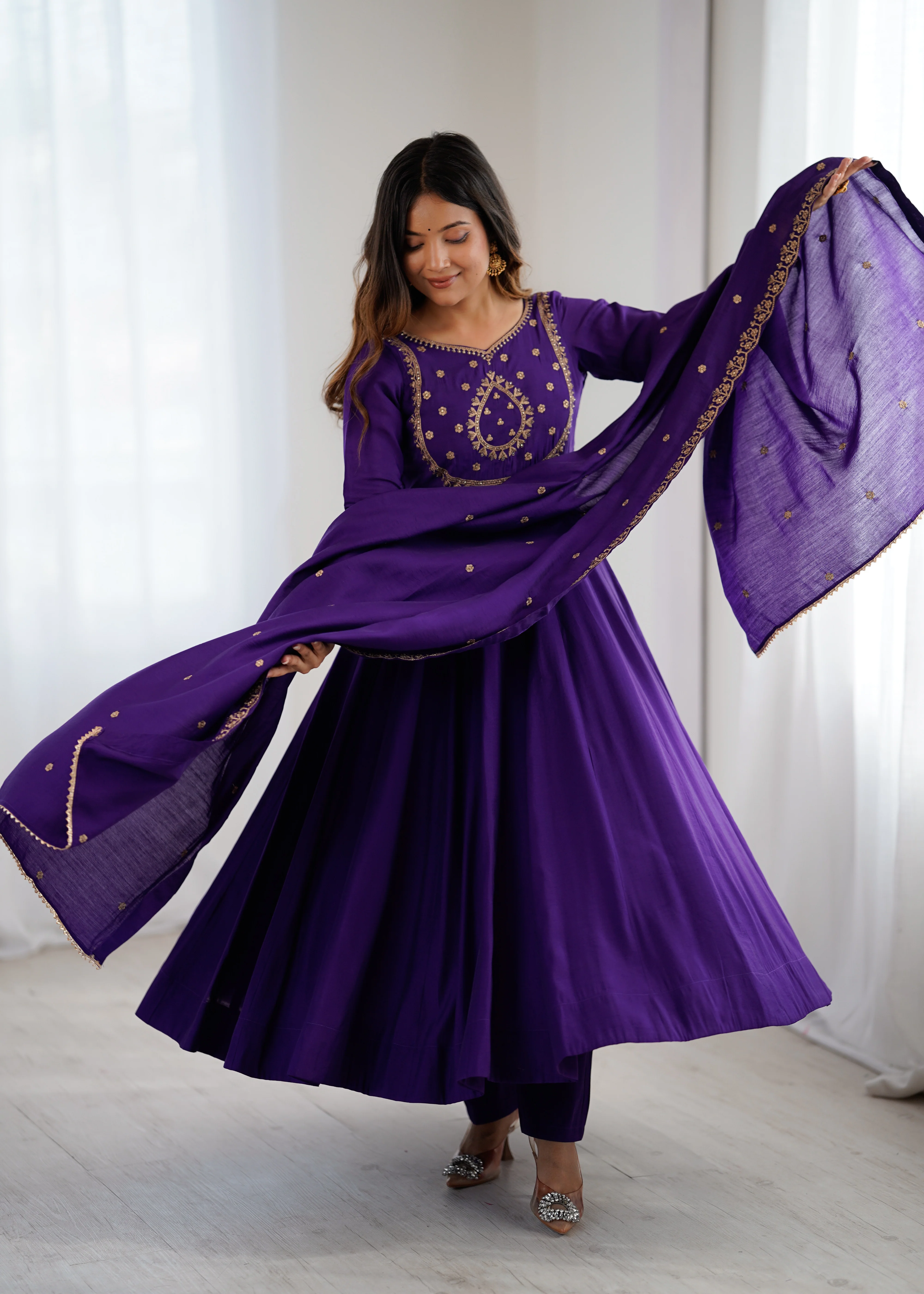 Purple Premium Pure Roman Chanderi Silk Fully Flared Anarkali Set - Image 2