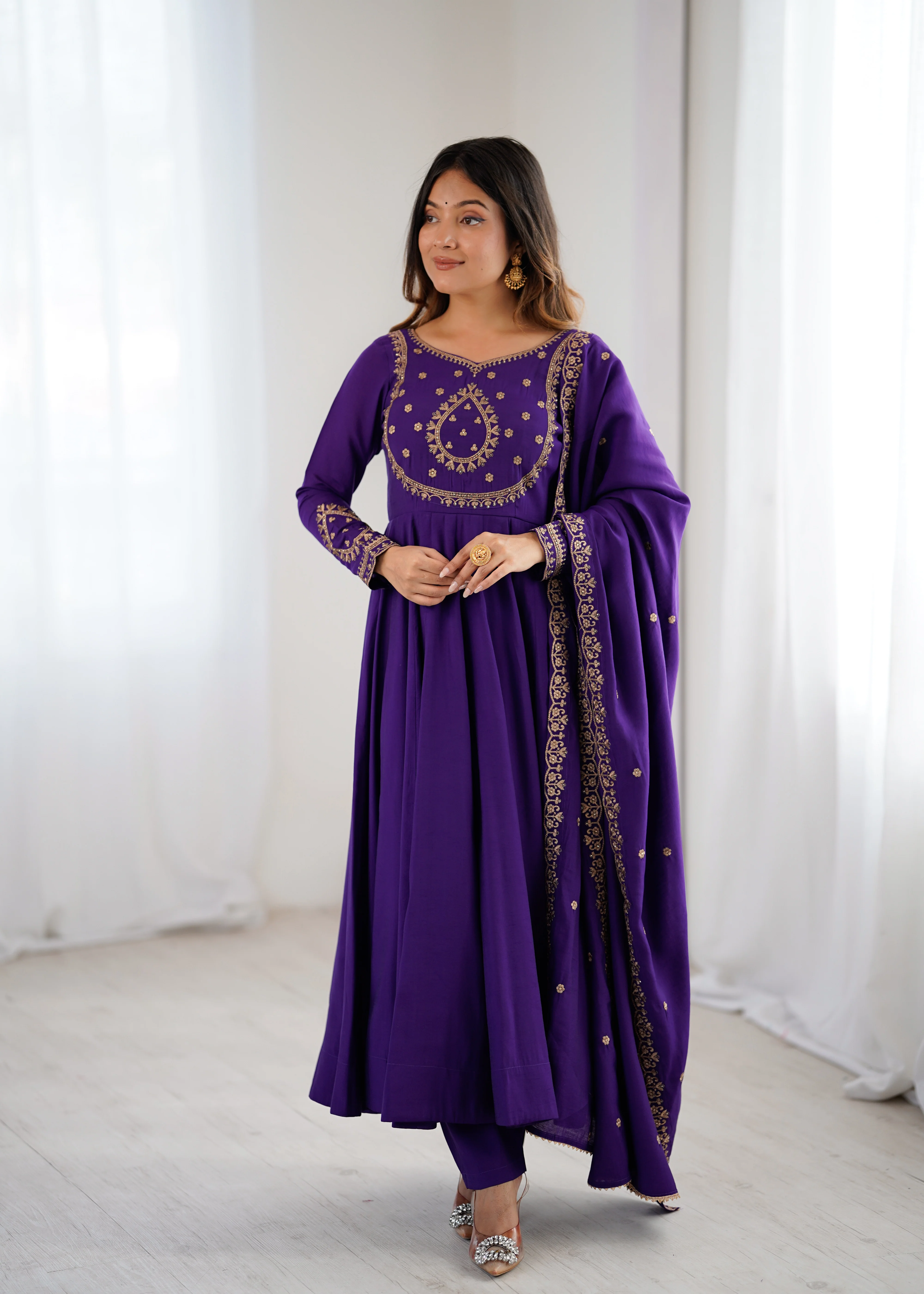 Purple Premium Pure Roman Chanderi Silk Fully Flared Anarkali Set - Image 3