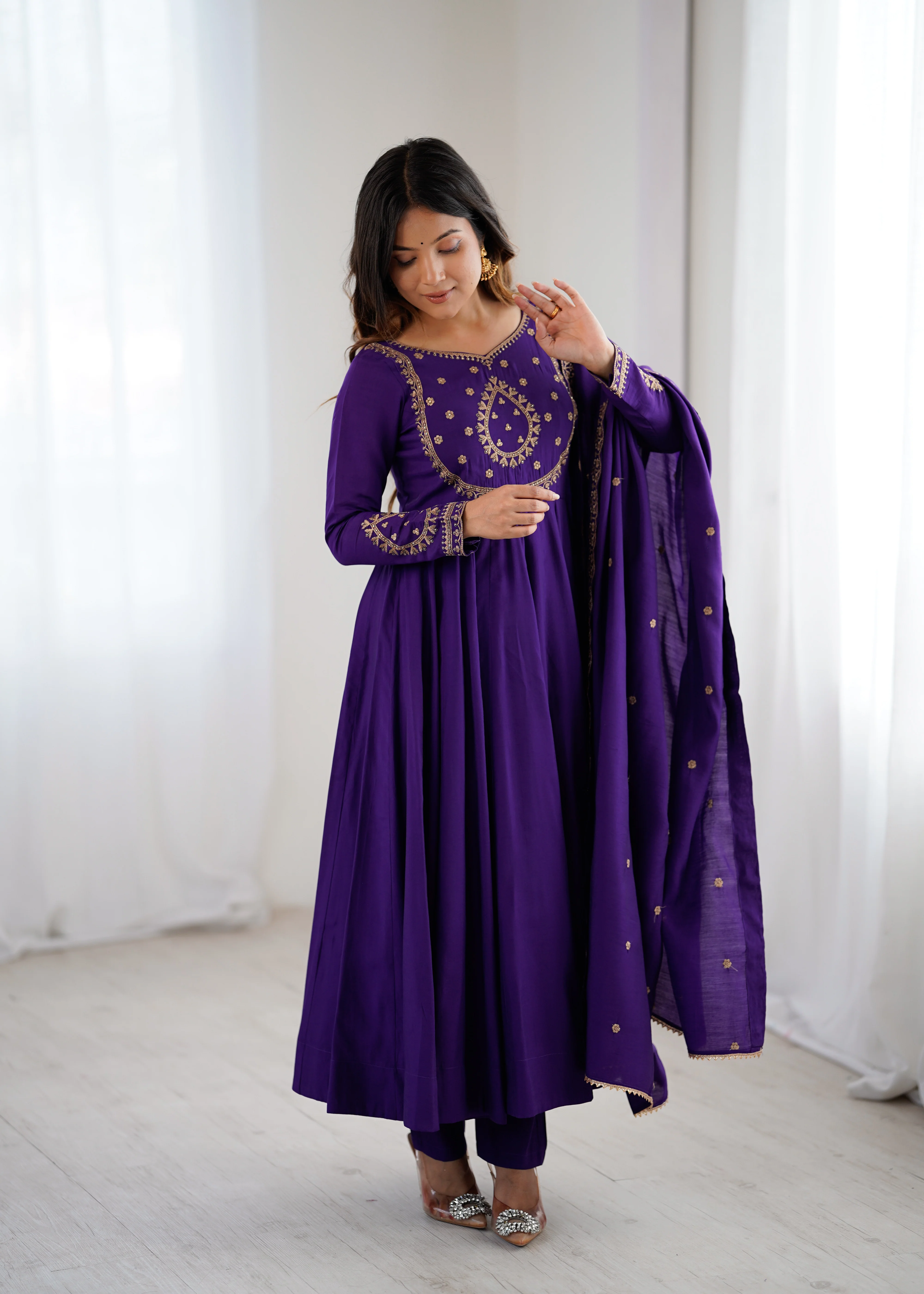 Purple Premium Pure Roman Chanderi Silk Fully Flared Anarkali Set - Image 4