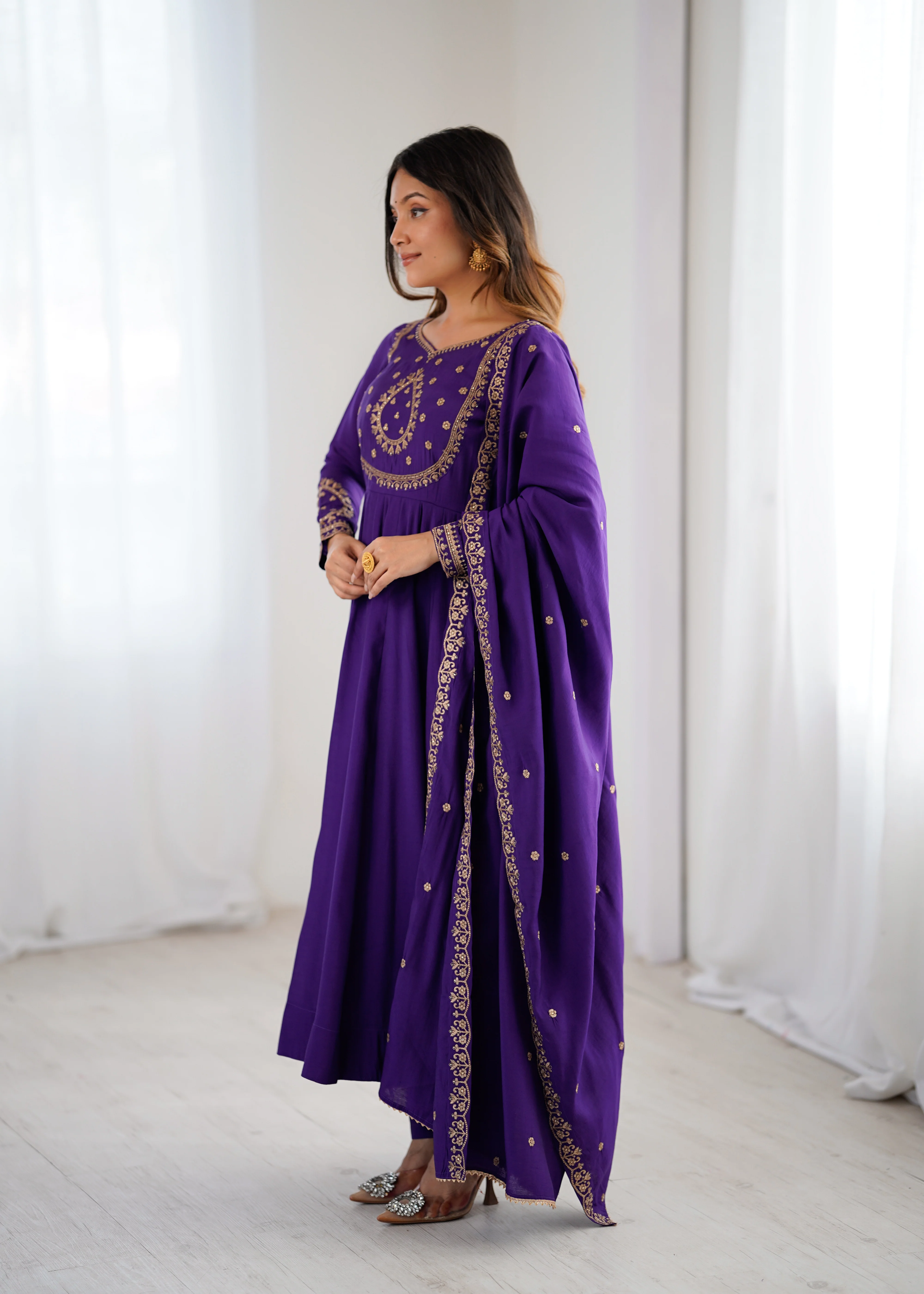 Purple Premium Pure Roman Chanderi Silk Fully Flared Anarkali Set - Image 5