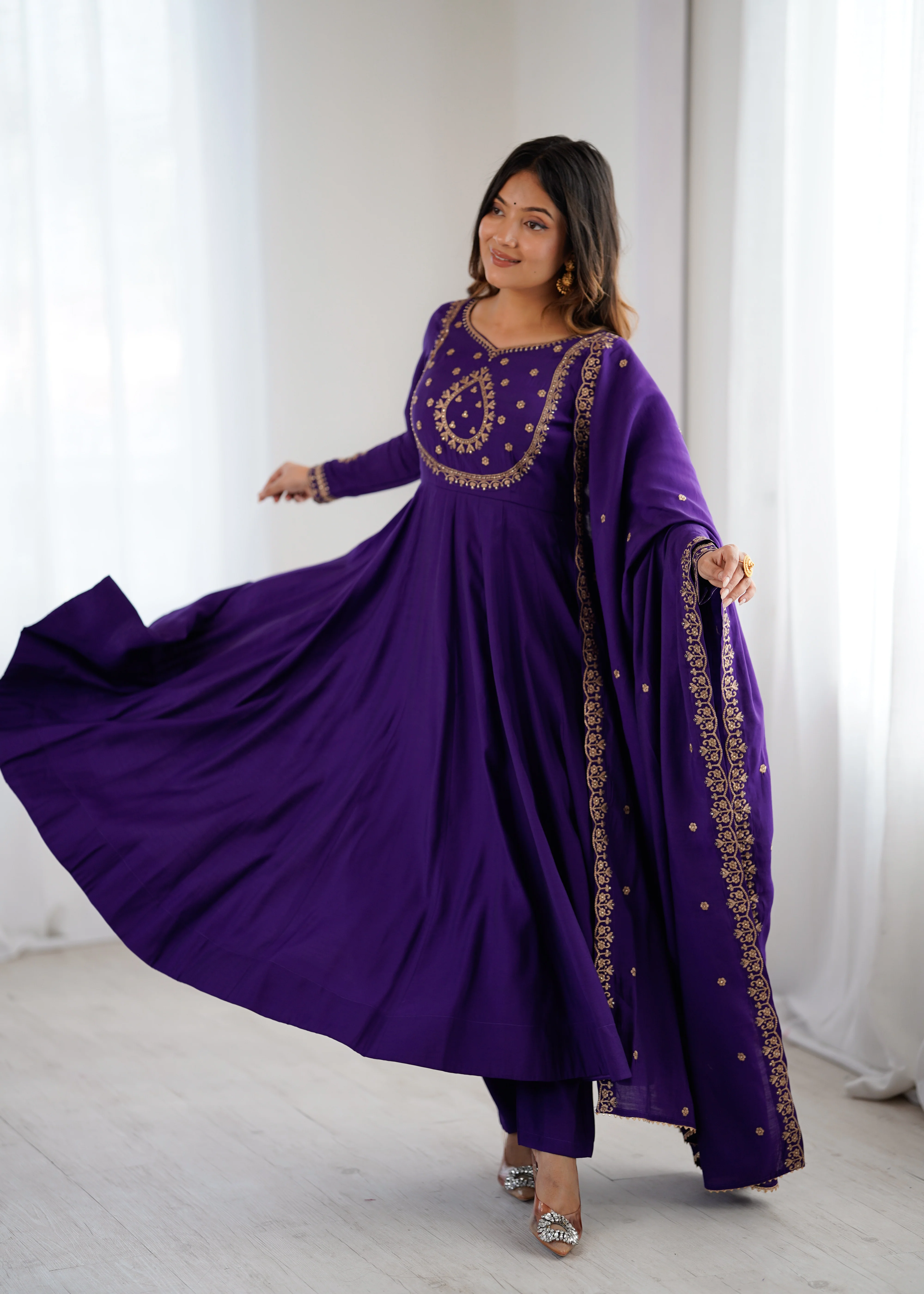 Purple Premium Pure Roman Chanderi Silk Fully Flared Anarkali Set - Image 6