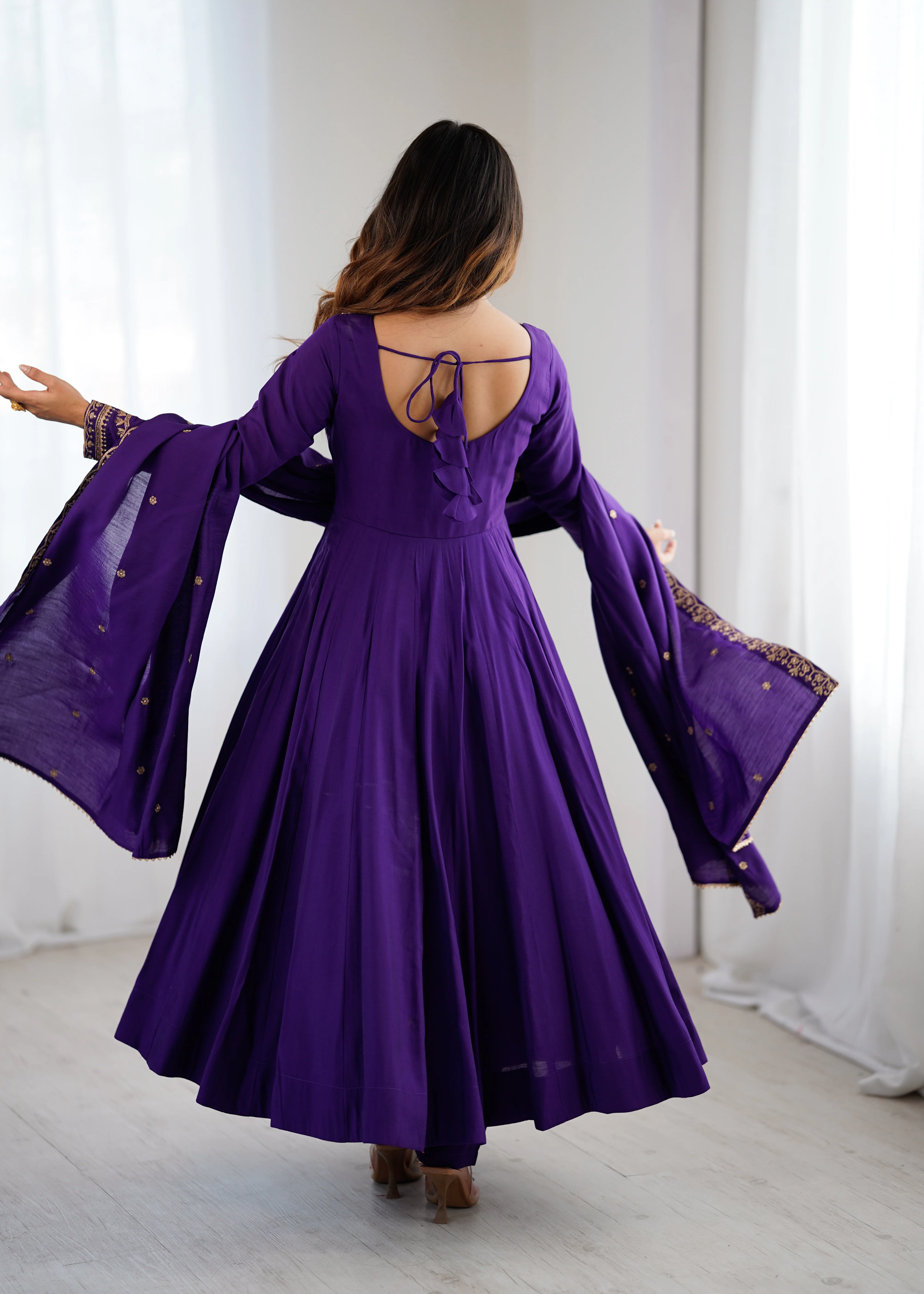 Purple Premium Pure Roman Chanderi Silk Fully Flared Anarkali Set - Image 8
