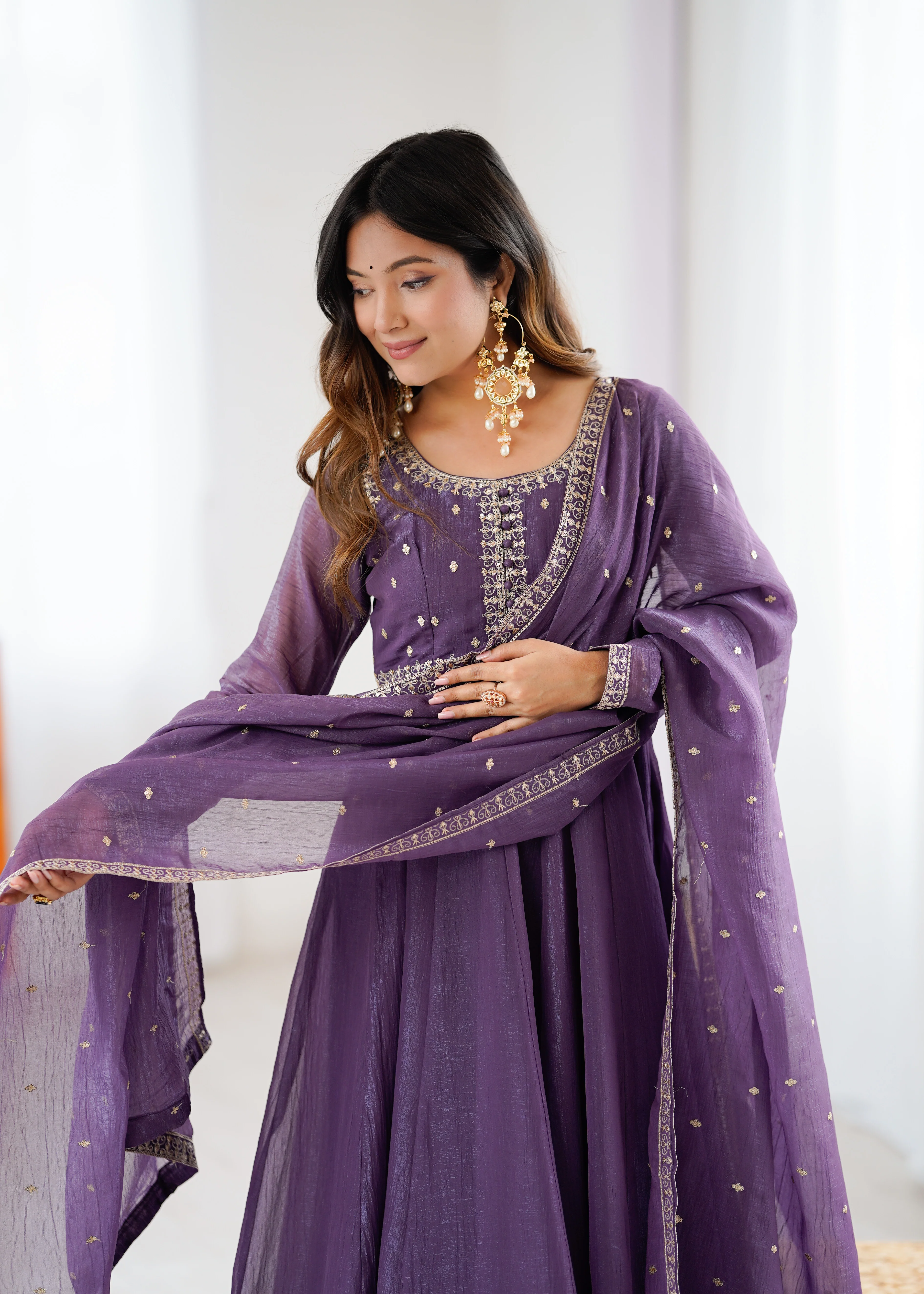 Purple Pure Crunchy Silk Flared Anarkali Gown Set with Dupatta - Image 5