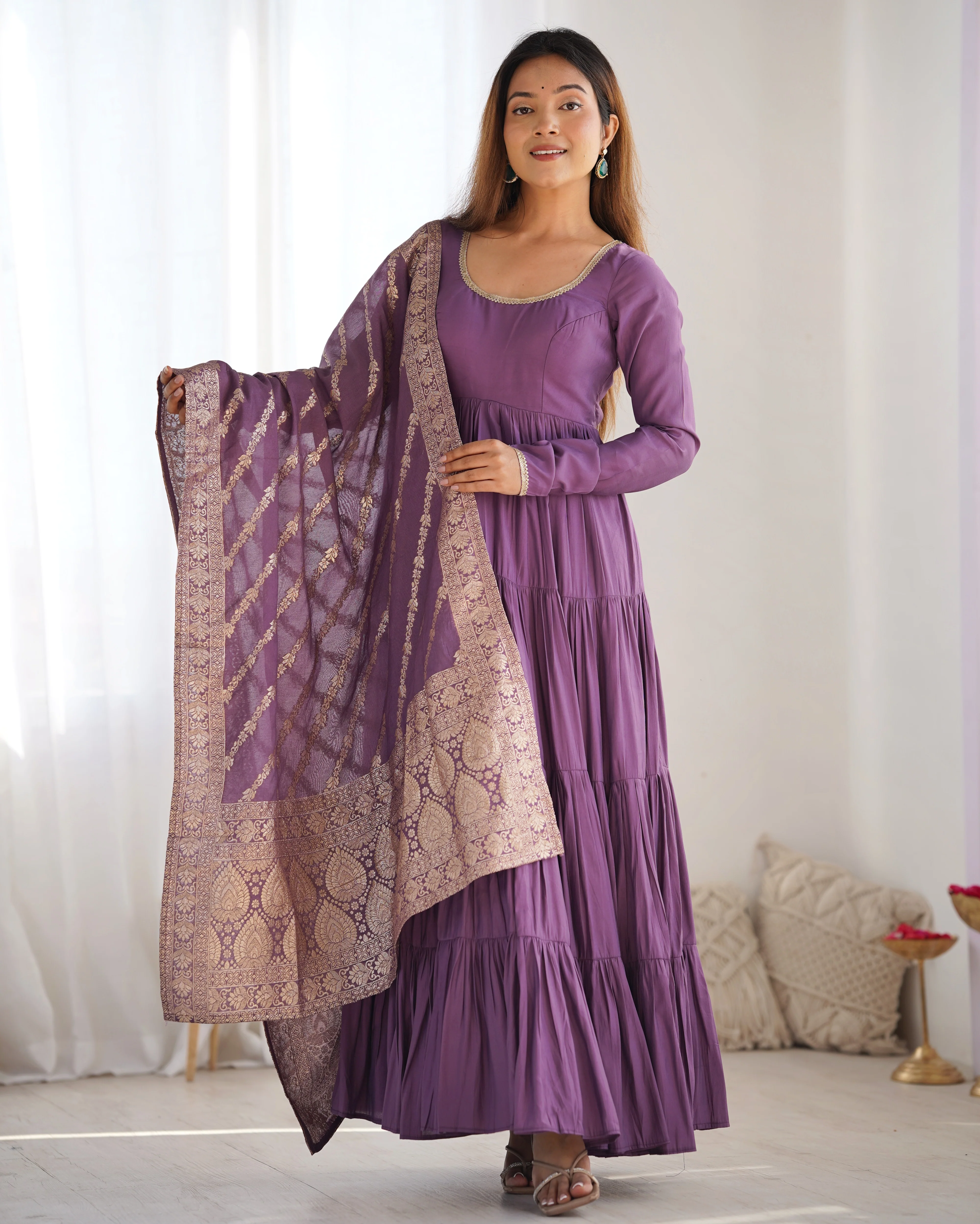 Mauve Roman Silk Chanderi Fabric Fully Flared Anarkali Suit With Pent and Dupatta Set