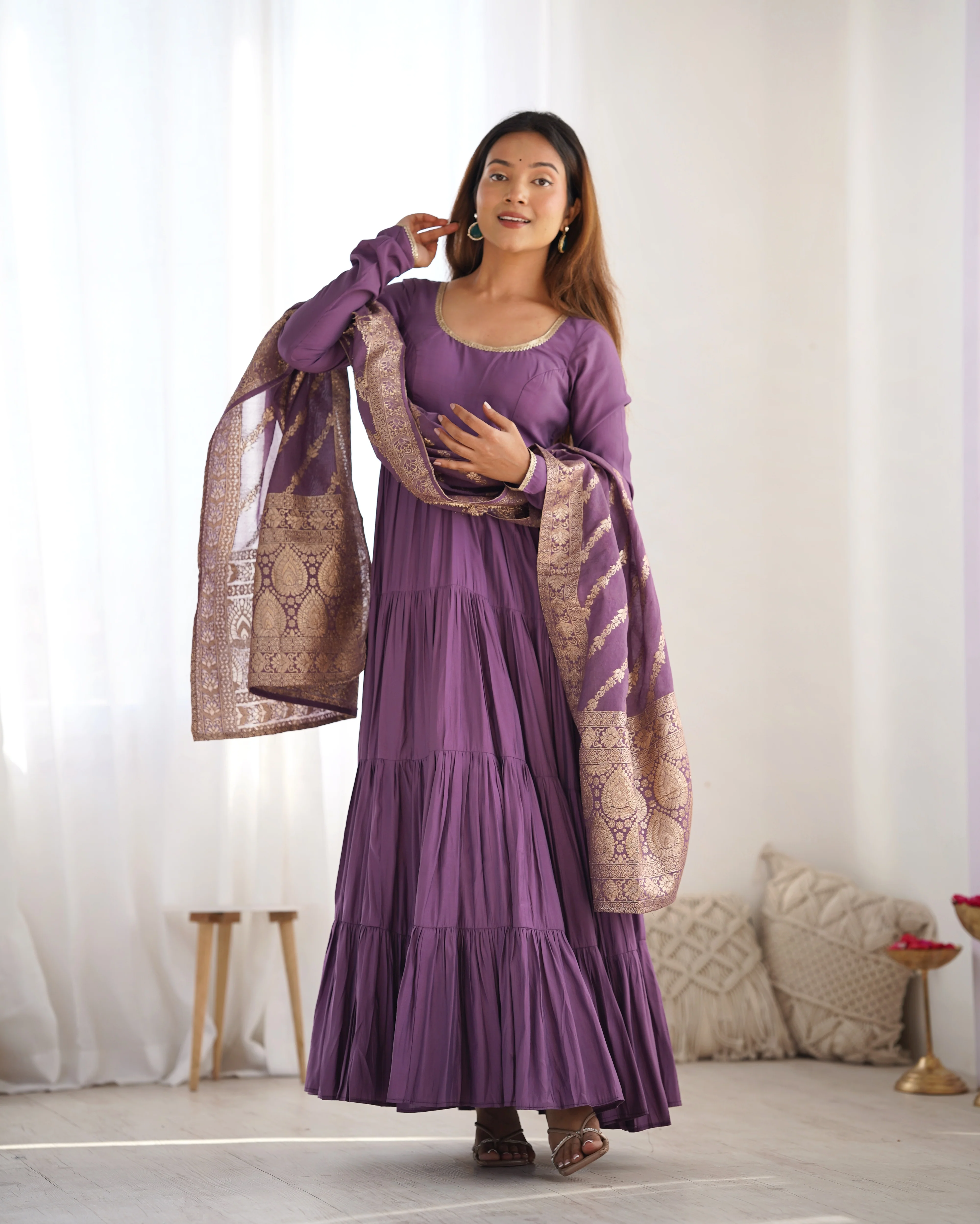 Mauve Roman Silk Chanderi Fabric Fully Flared Anarkali Suit With Pent and Dupatta Set - Image 2