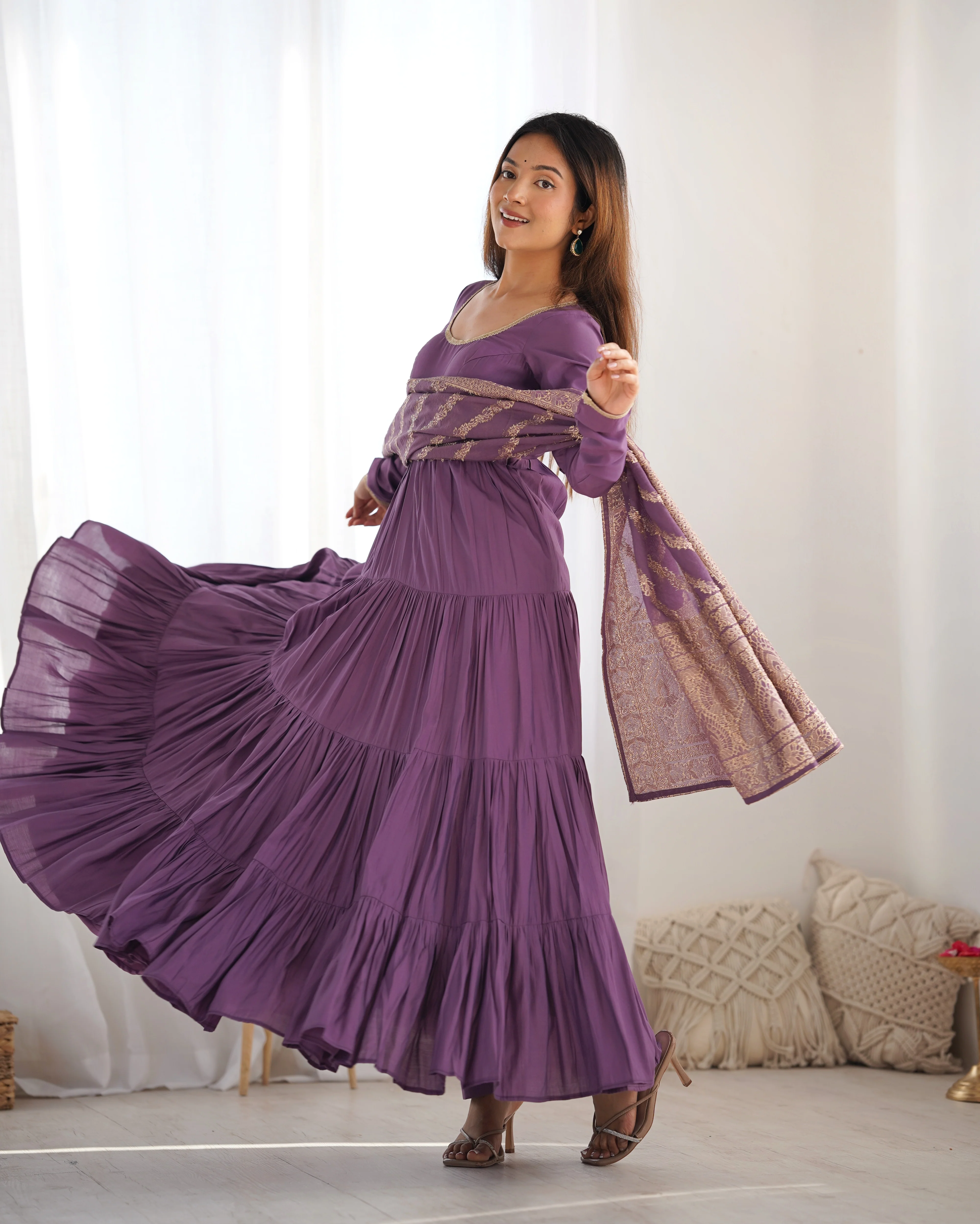 Mauve Roman Silk Chanderi Fabric Fully Flared Anarkali Suit With Pent and Dupatta Set - Image 5
