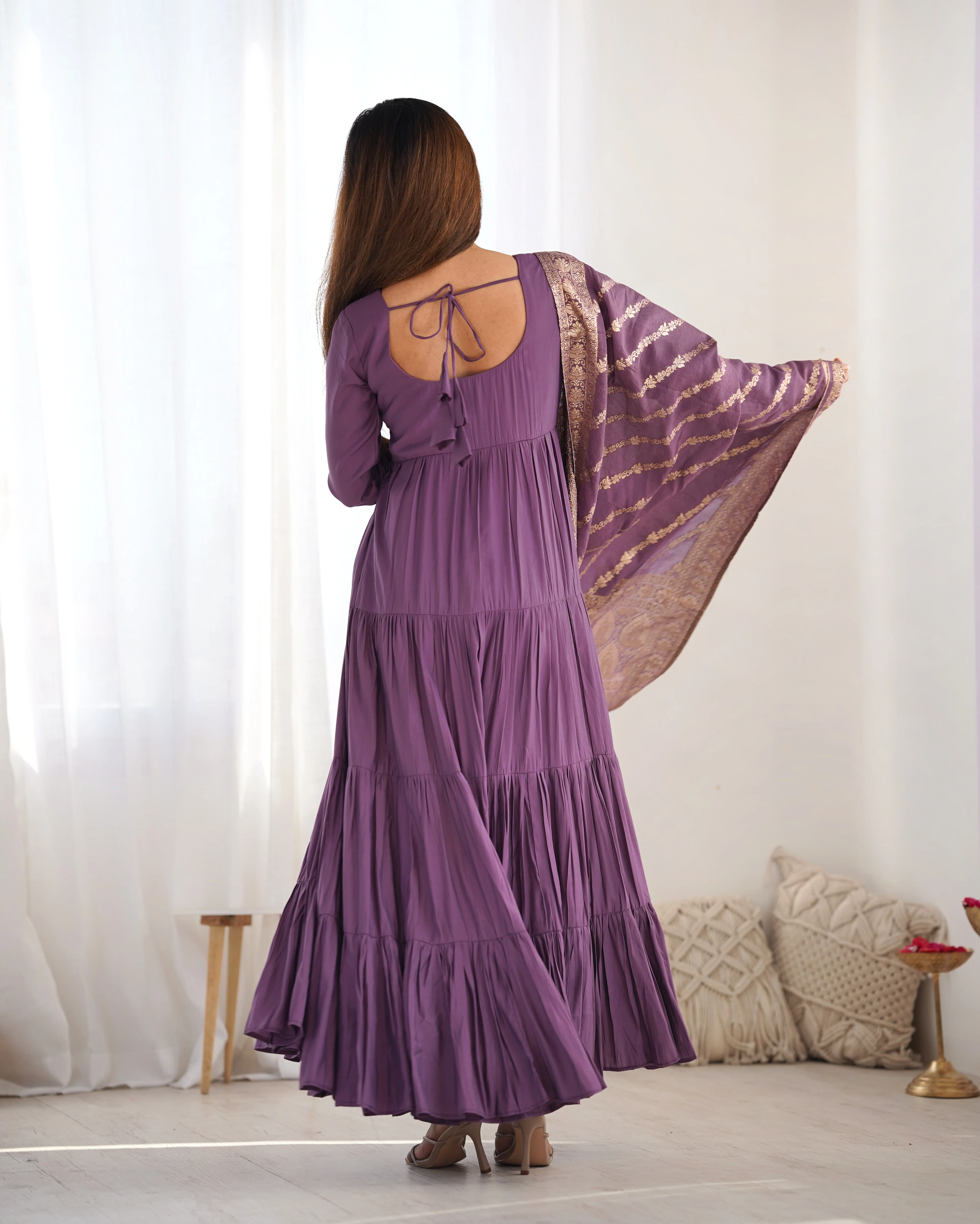 Mauve Roman Silk Chanderi Fabric Fully Flared Anarkali Suit With Pent and Dupatta Set - Image 7