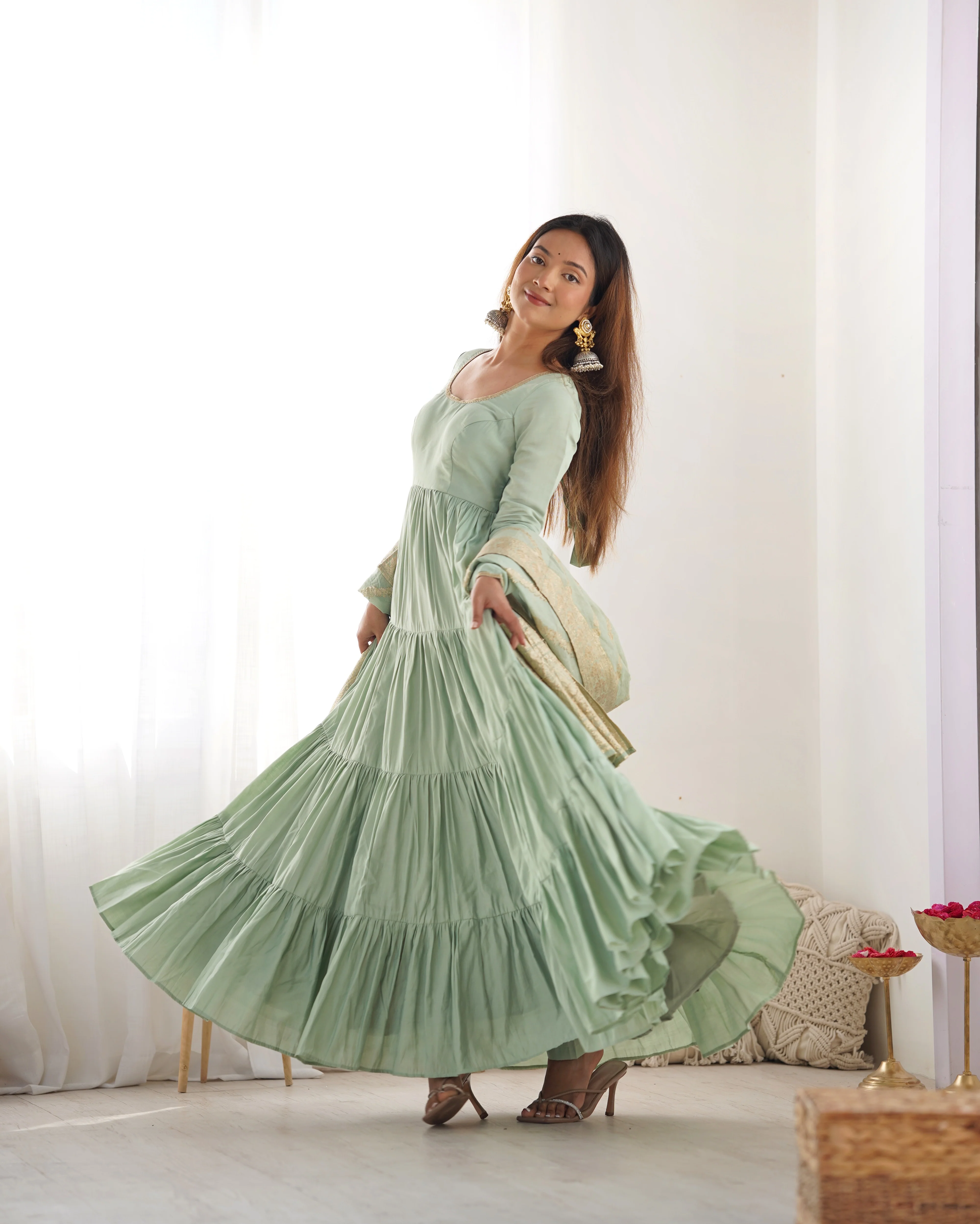 Pure Roman Silk Chanderi Fabric Fully Flared Anarkali Suit With Pent and Dupatta Set - Pista - Image 5