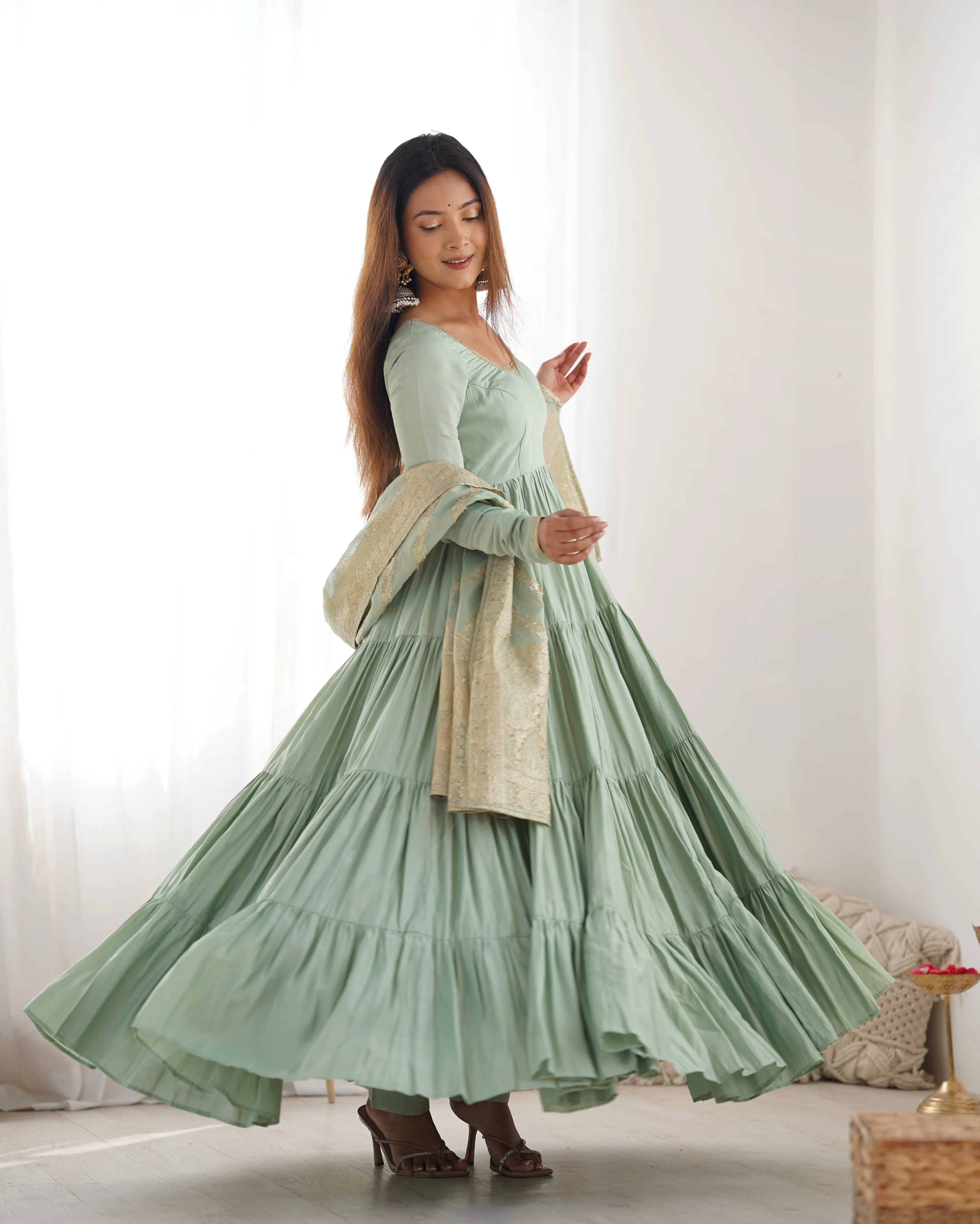 Pure Roman Silk Chanderi Fabric Fully Flared Anarkali Suit With Pent and Dupatta Set - Pista - Image 8