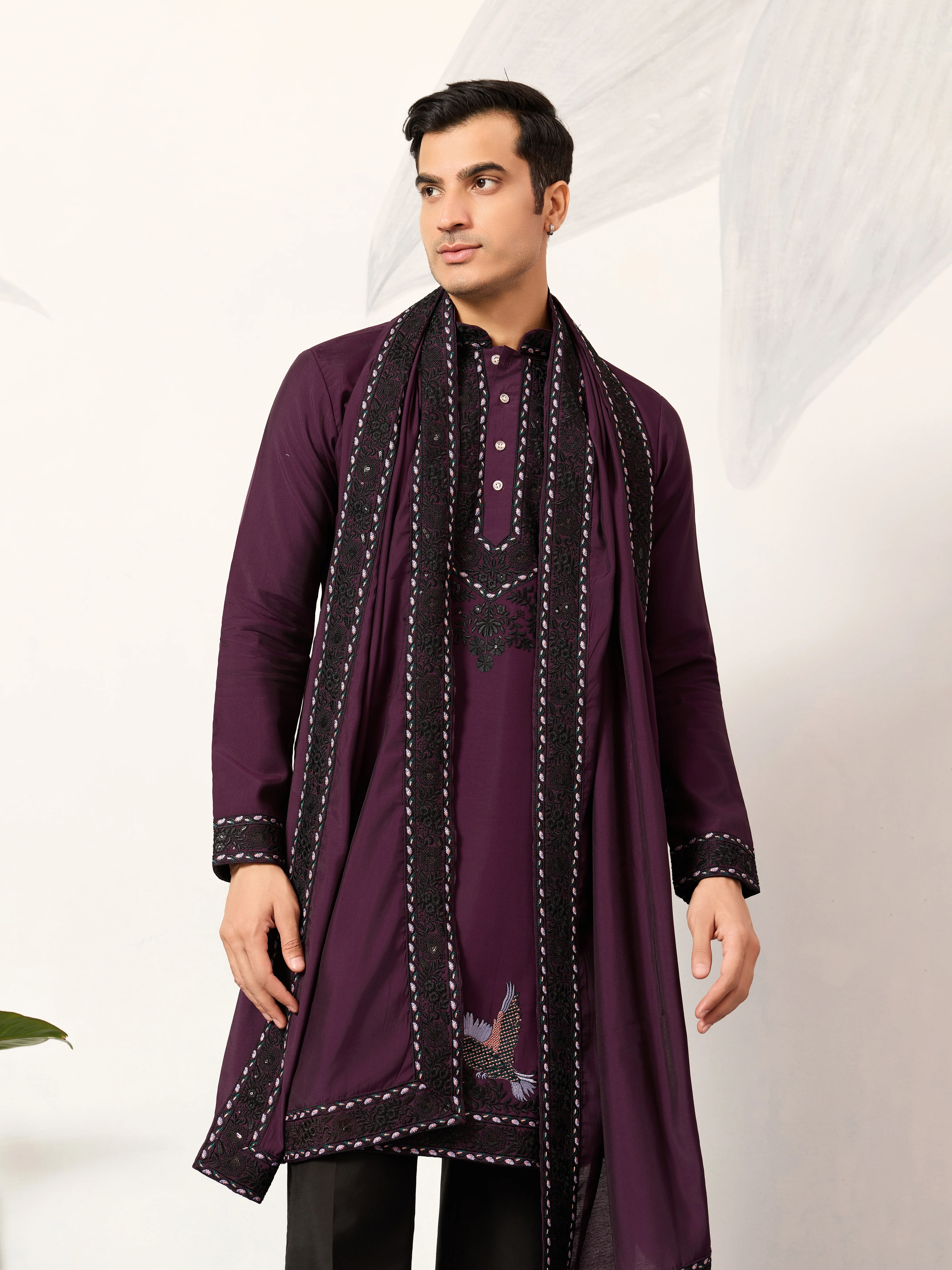 Purple Wedding Special Kurta with Dupatta for Mens Wear - Image 2