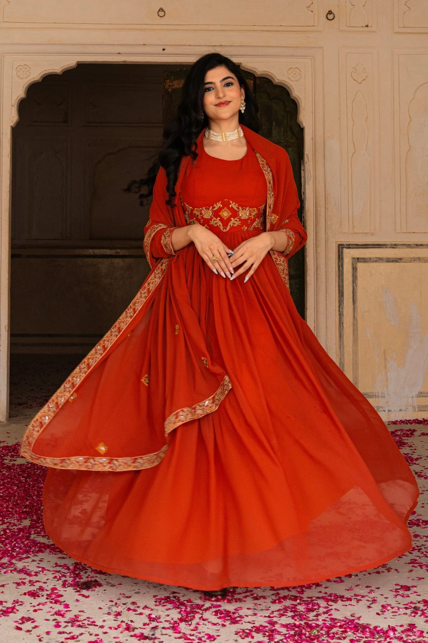 Radiant Orange Georgette Anarkali With Intricate Embroidered Detailing - Image 2