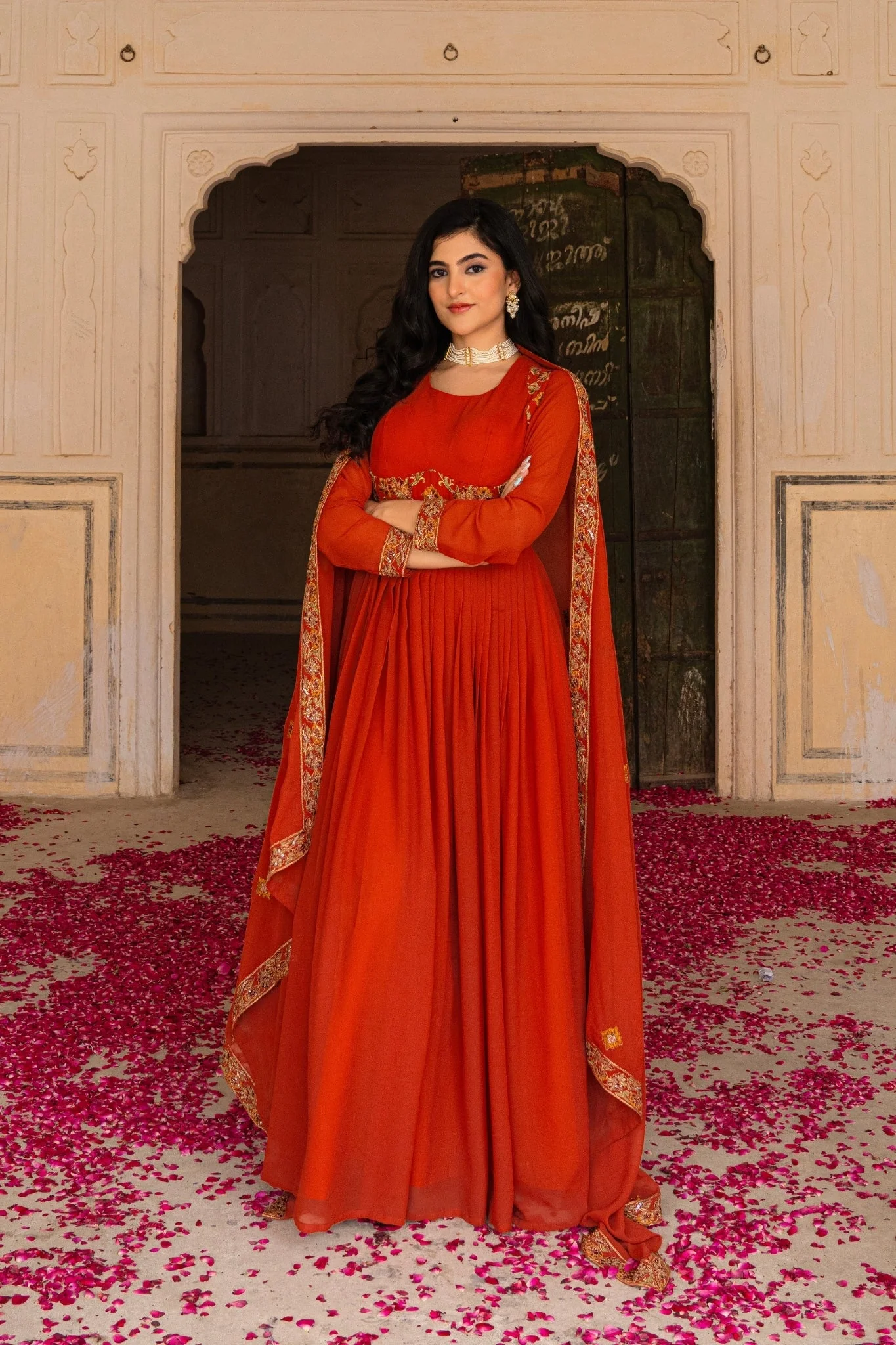 Radiant Orange Georgette Anarkali With Intricate Embroidered Detailing - Image 3