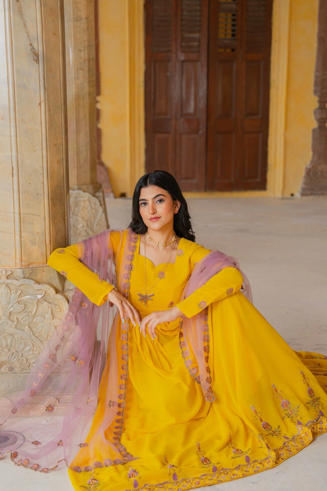 Radiant Yellow Embroidered Georgette Anarkali Gown With Contrasting Dupatta - Image 5