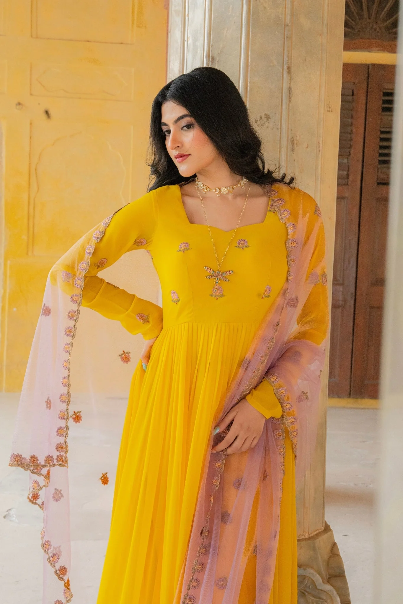 Radiant Yellow Embroidered Georgette Anarkali Gown With Contrasting Dupatta - Image 6