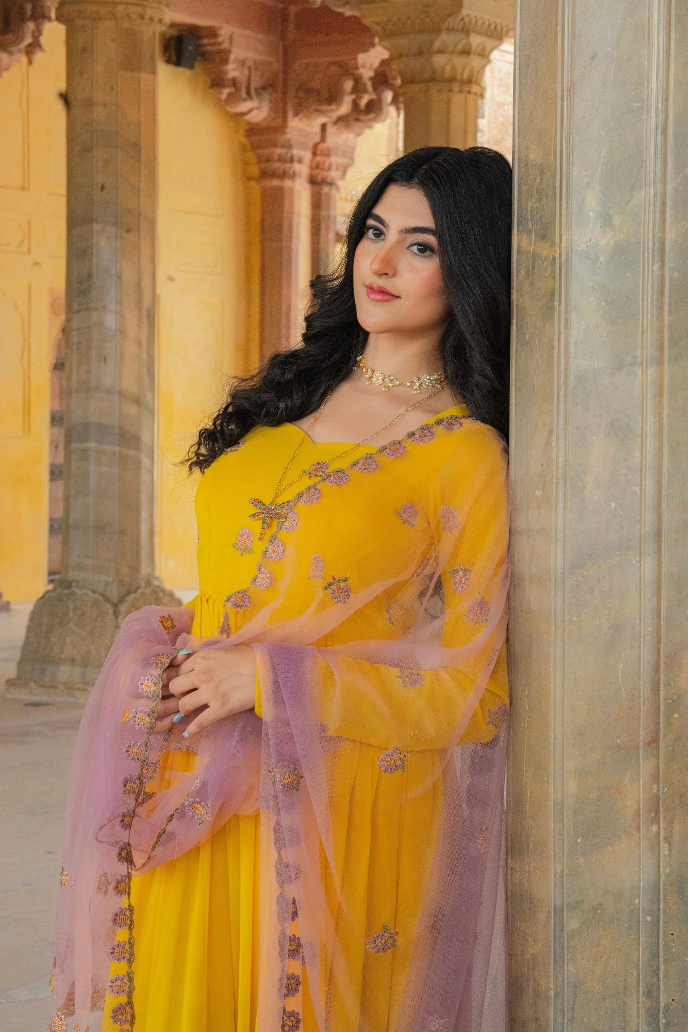 Radiant Yellow Embroidered Georgette Anarkali Gown With Contrasting Dupatta - Image 8