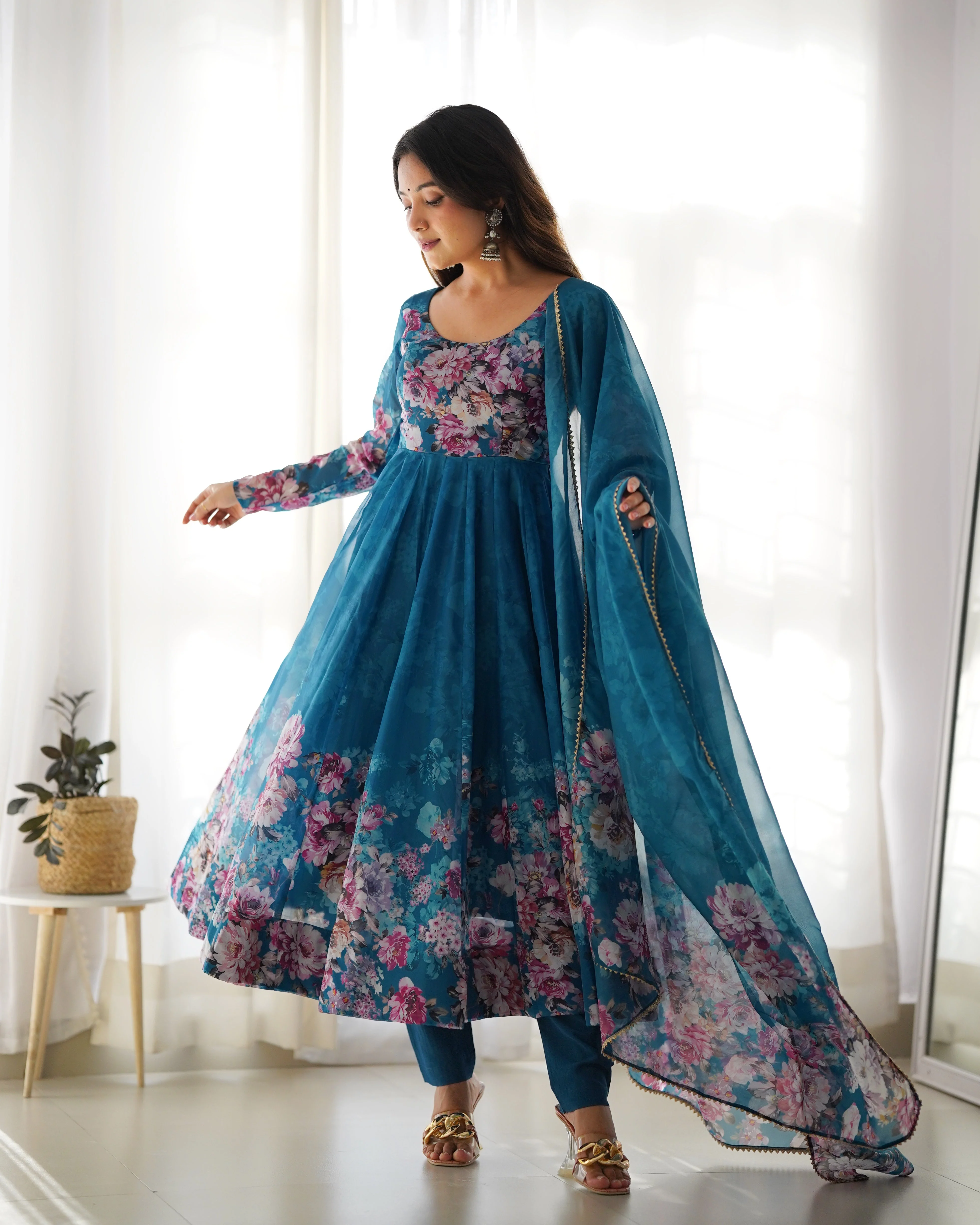 Rama Color Digitally Printed Pure Soft Organza Anarkali Suit With Huge Flair Comes With Duppatta & Pant - Image 3