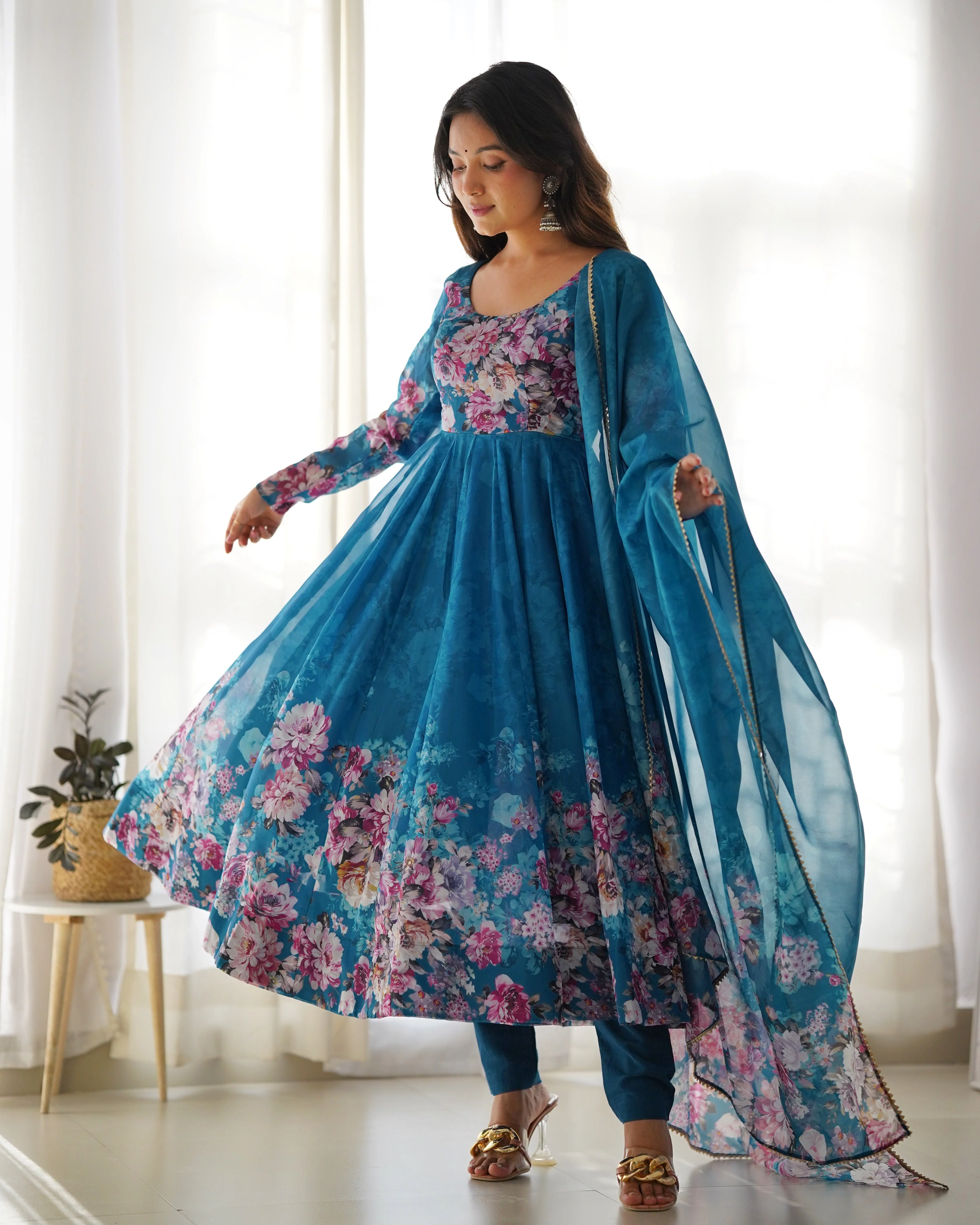 Rama Color Digitally Printed Pure Soft Organza Anarkali Suit With Huge Flair Comes With Duppatta & Pant - Image 4