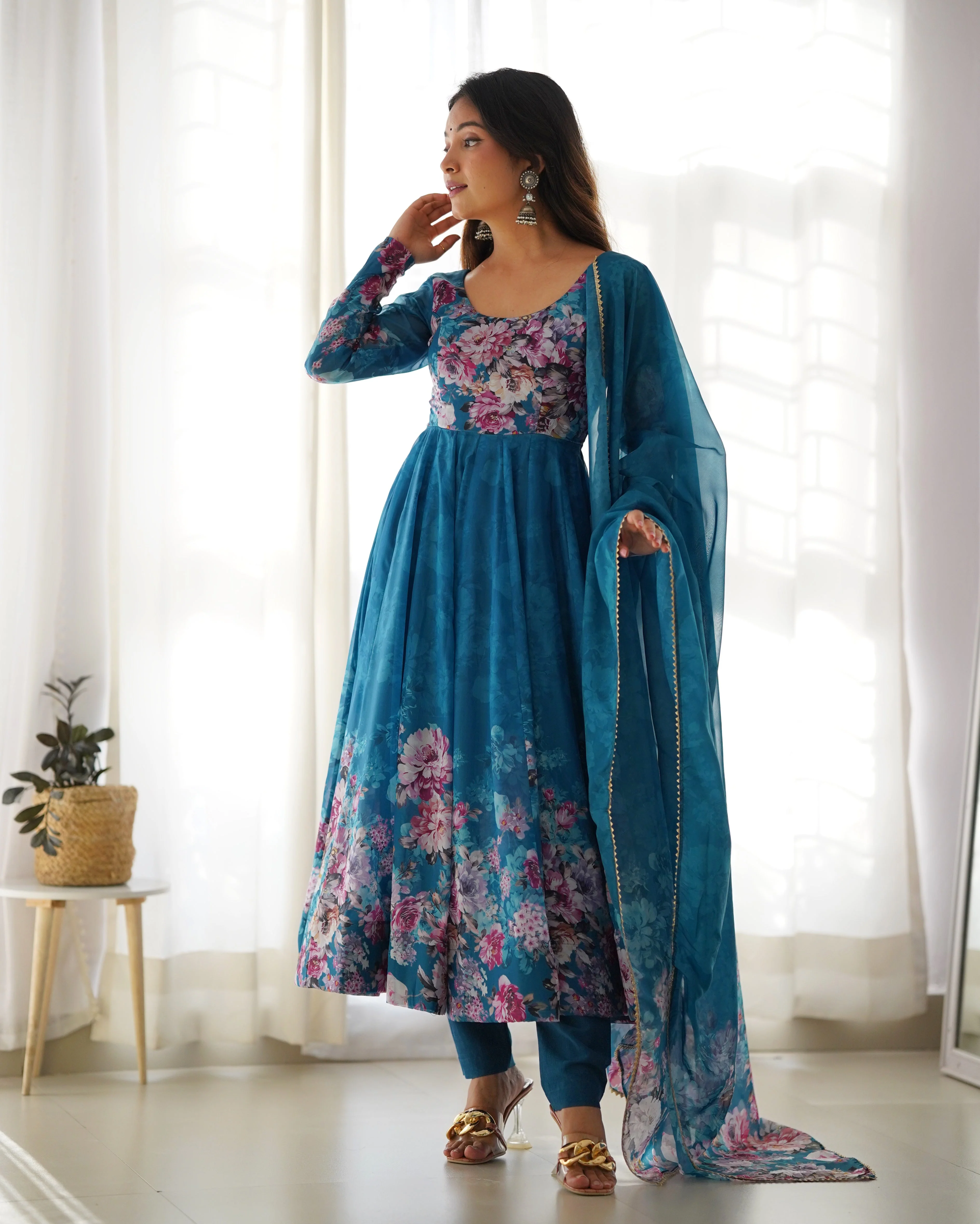 Rama Color Digitally Printed Pure Soft Organza Anarkali Suit With Huge Flair Comes With Duppatta & Pant - Image 5