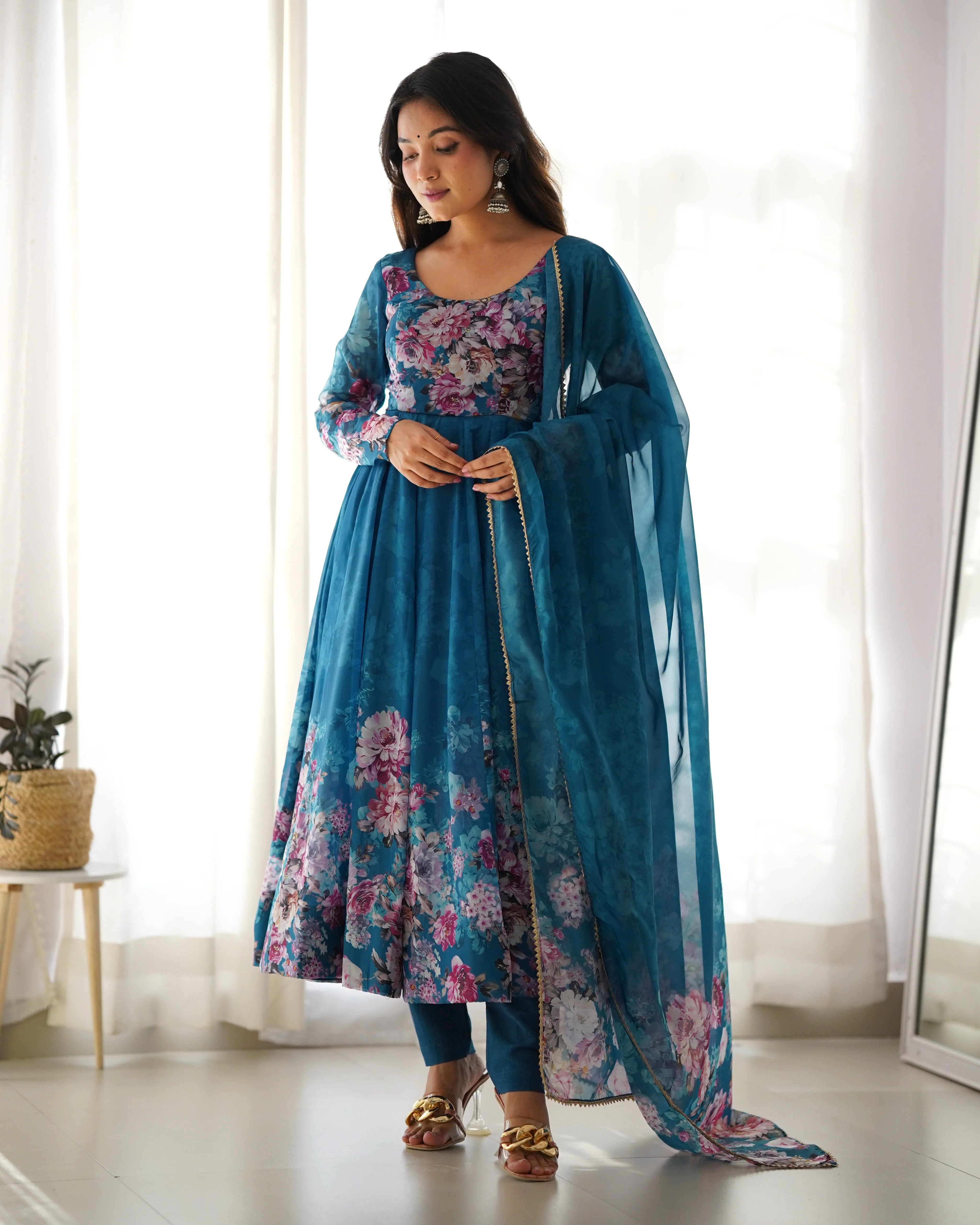 Rama Color Digitally Printed Pure Soft Organza Anarkali Suit With Huge Flair Comes With Duppatta & Pant - Image 6