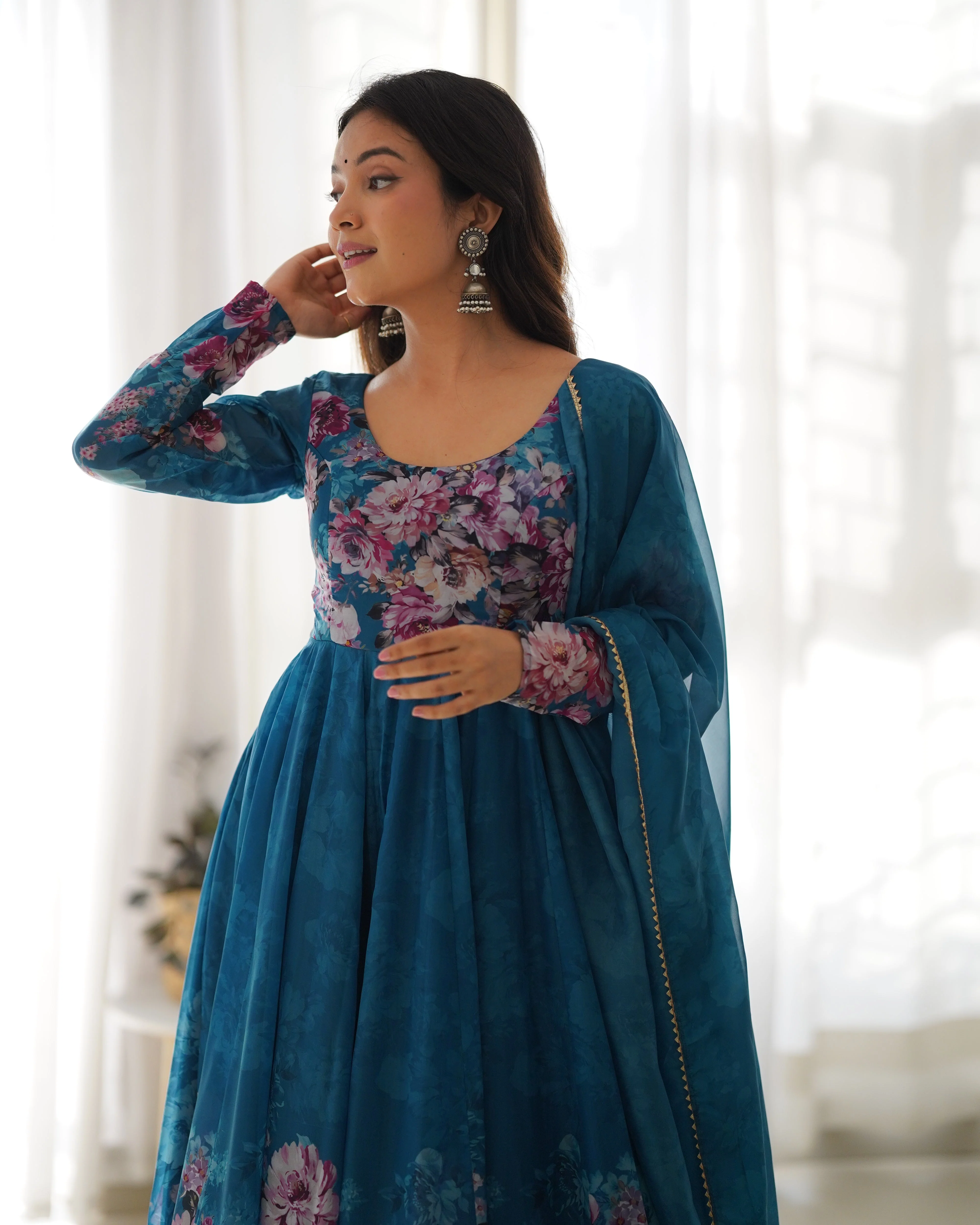 Rama Color Digitally Printed Pure Soft Organza Anarkali Suit With Huge Flair Comes With Duppatta & Pant - Image 7