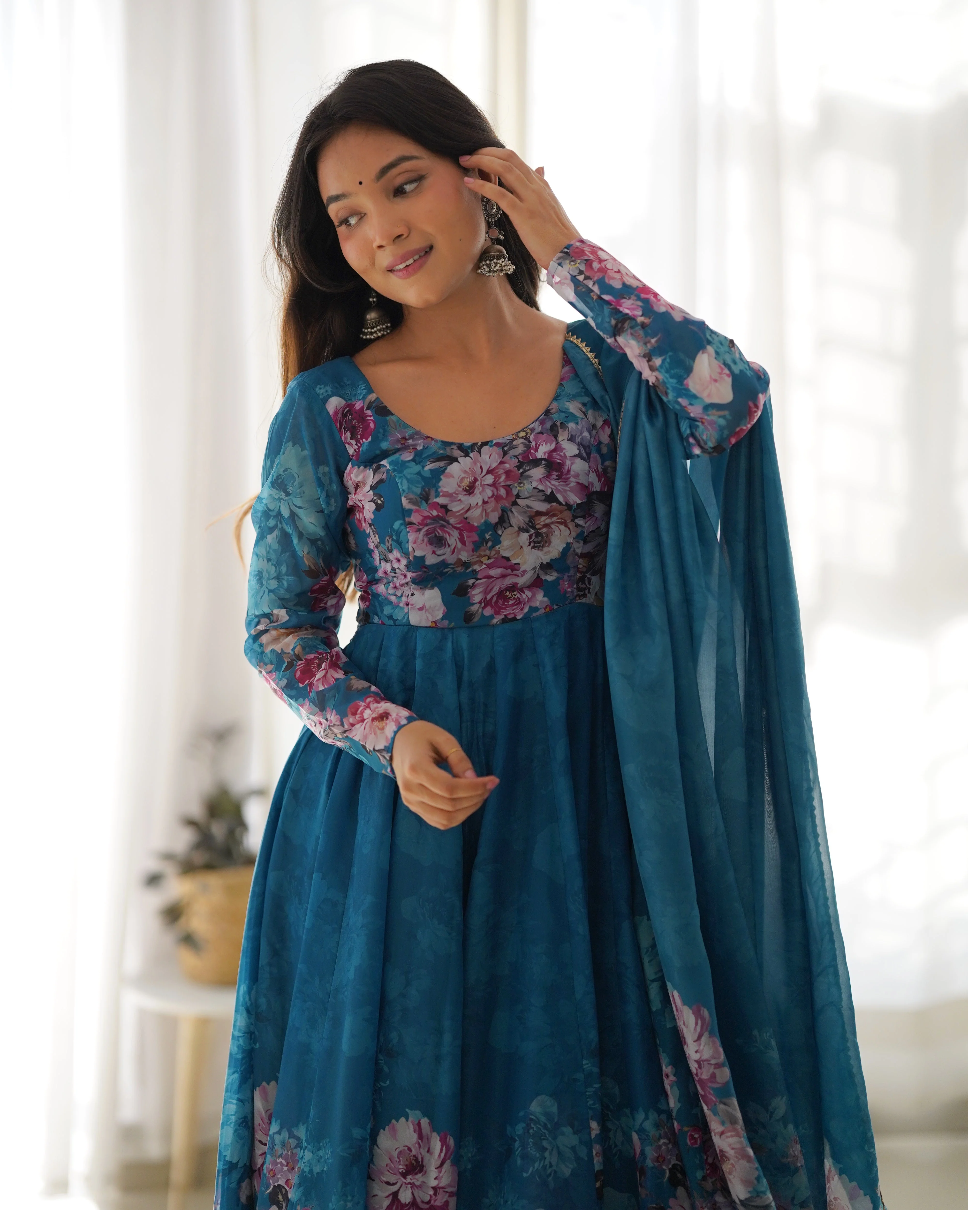 Rama Color Digitally Printed Pure Soft Organza Anarkali Suit With Huge Flair Comes With Duppatta & Pant - Image 8