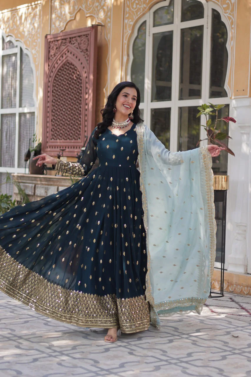 Rama Color Faux Blooming with Embroidery Zari Sequins work Gown - Image 11