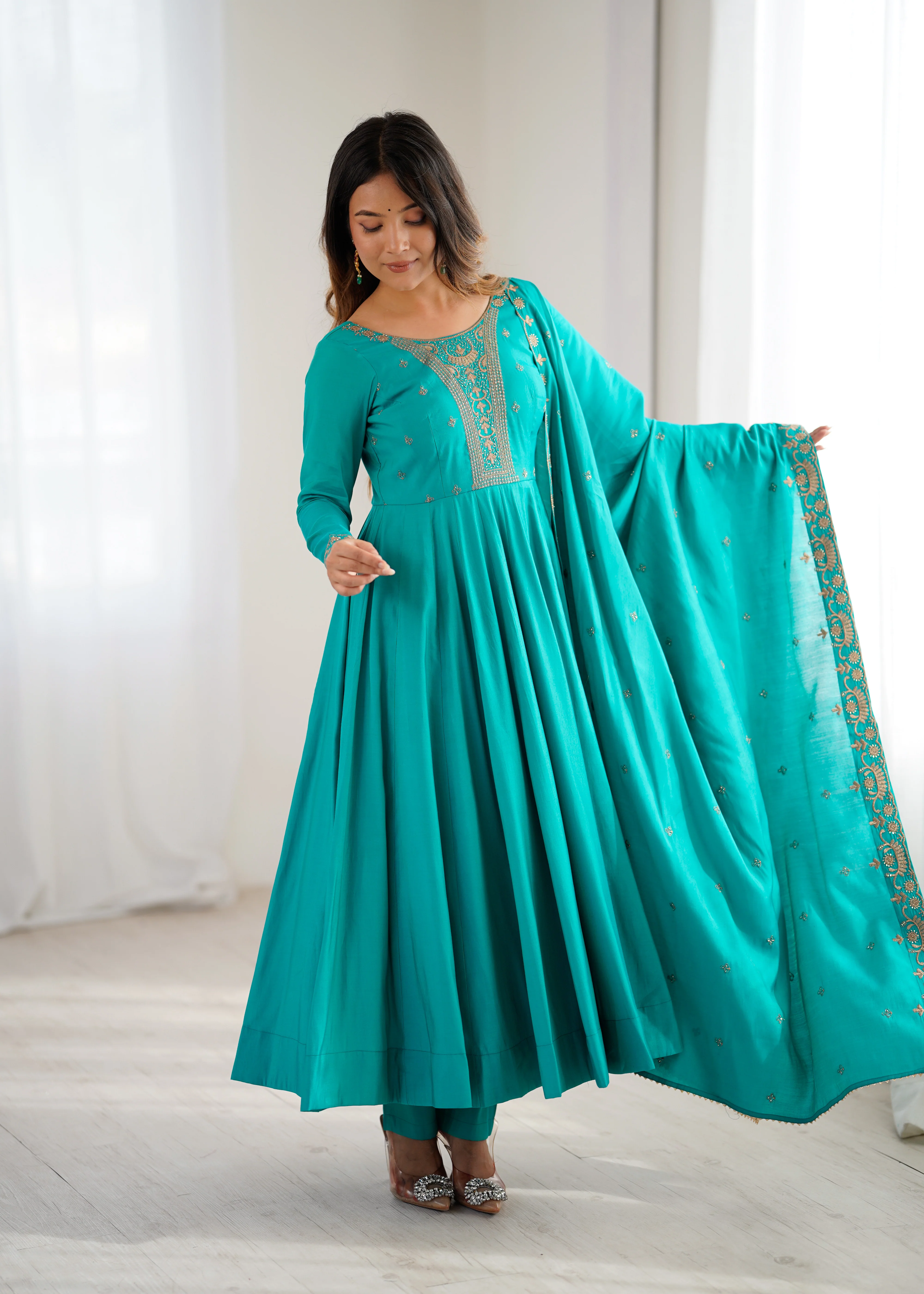 Rama Premium Pure Roman Chanderi Silk Anarkali Gown Set with Dupatta - Image 2
