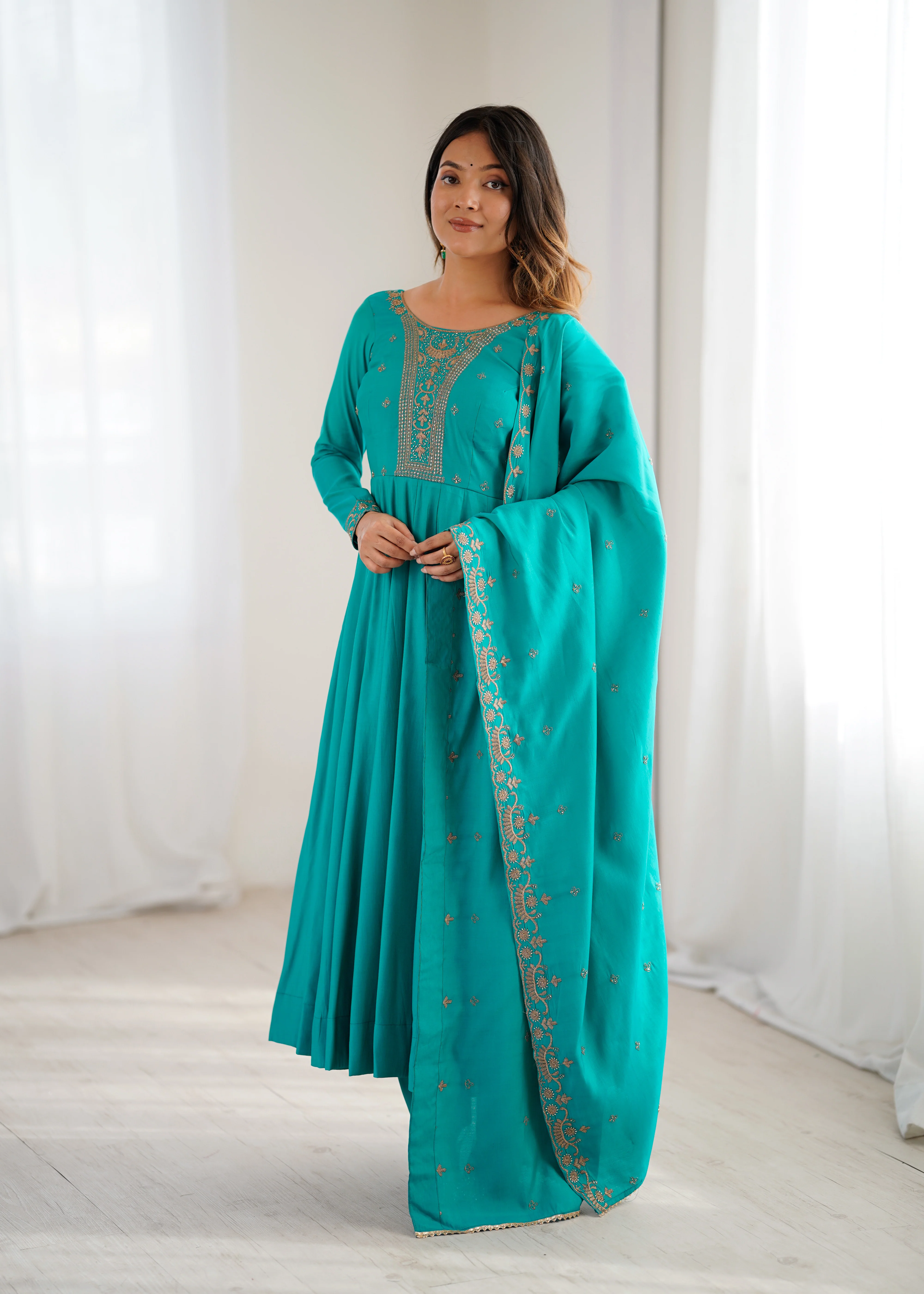 Rama Premium Pure Roman Chanderi Silk Anarkali Gown Set with Dupatta - Image 3