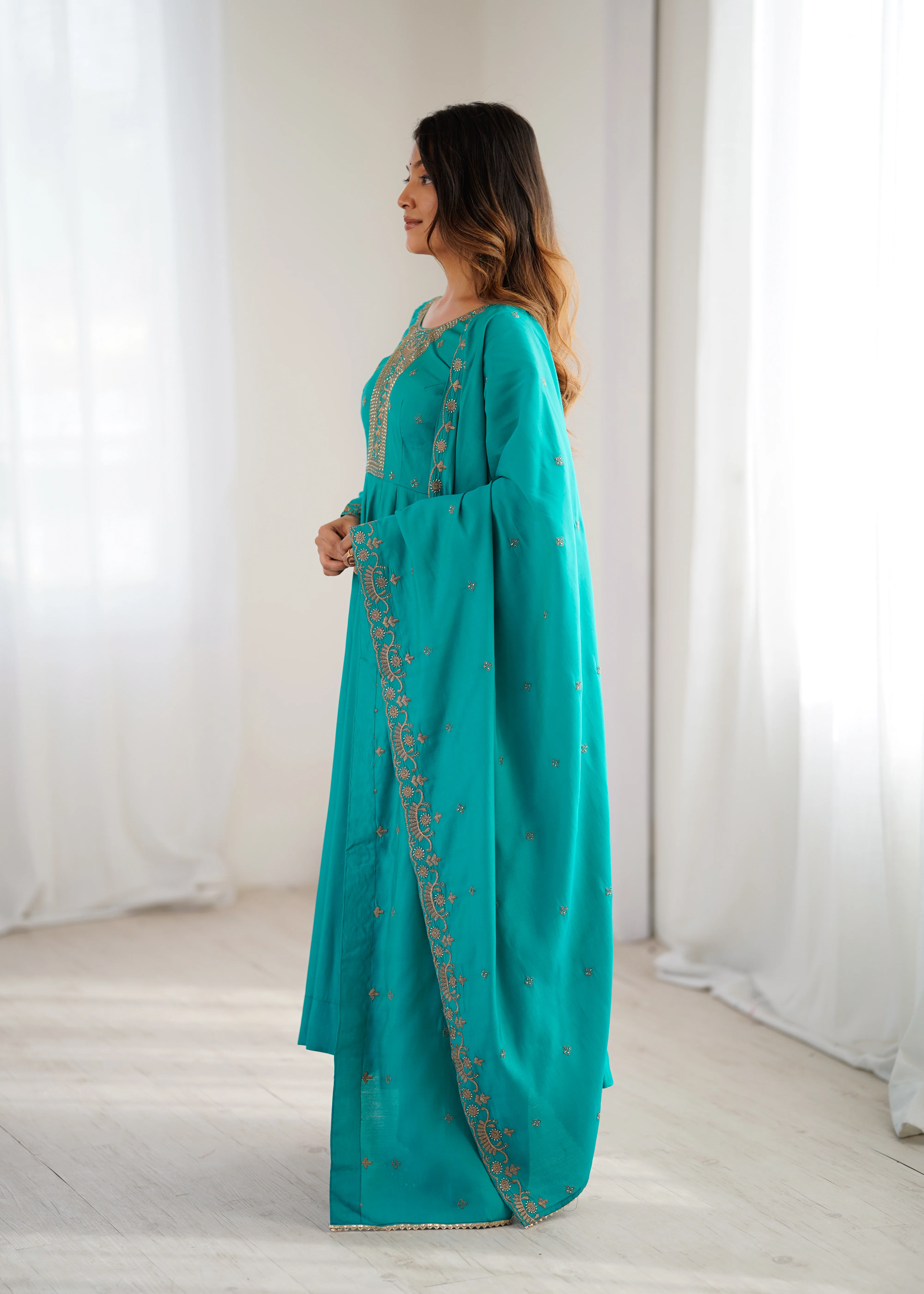 Rama Premium Pure Roman Chanderi Silk Anarkali Gown Set with Dupatta - Image 4