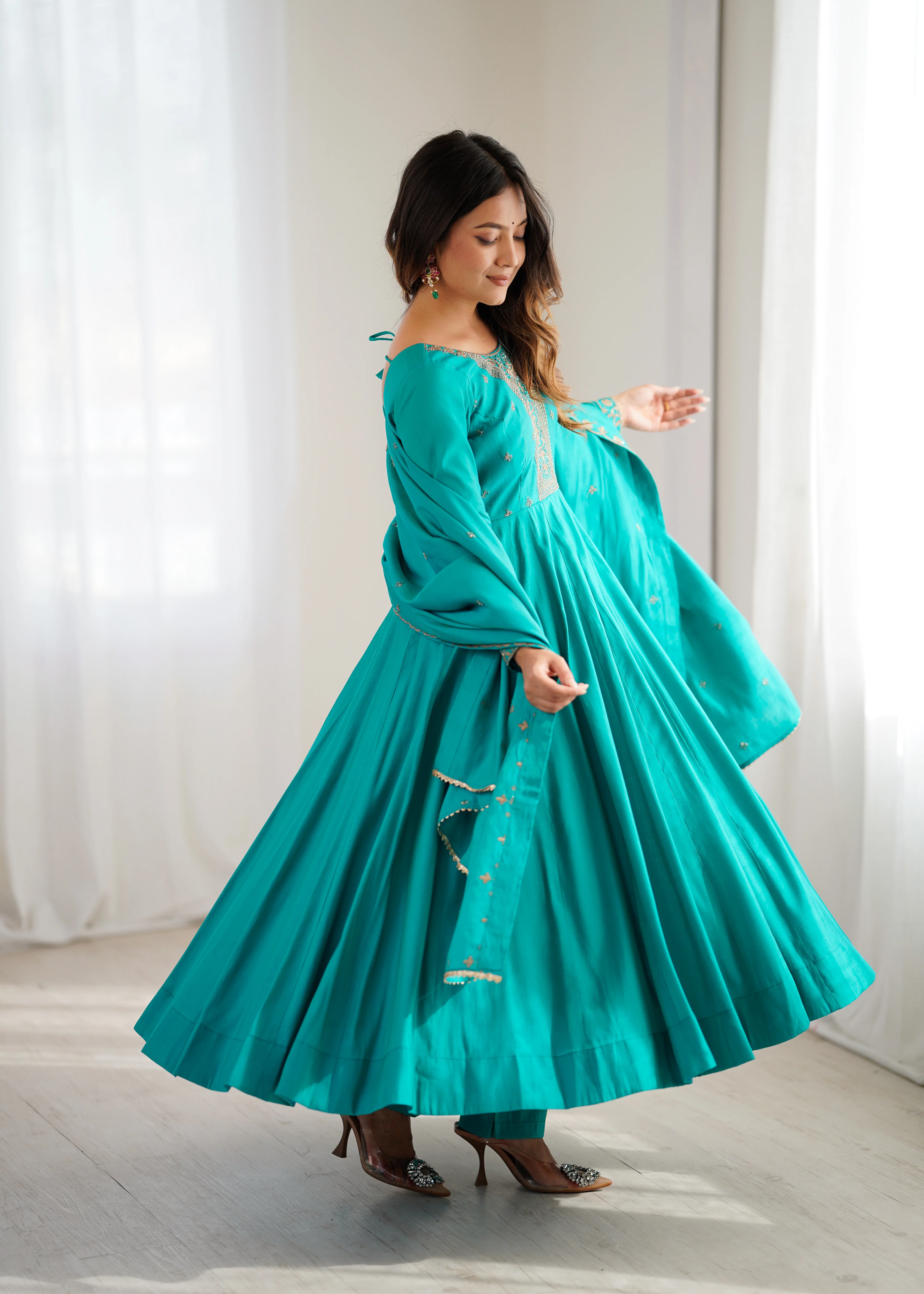 Rama Premium Pure Roman Chanderi Silk Anarkali Gown Set with Dupatta - Image 5