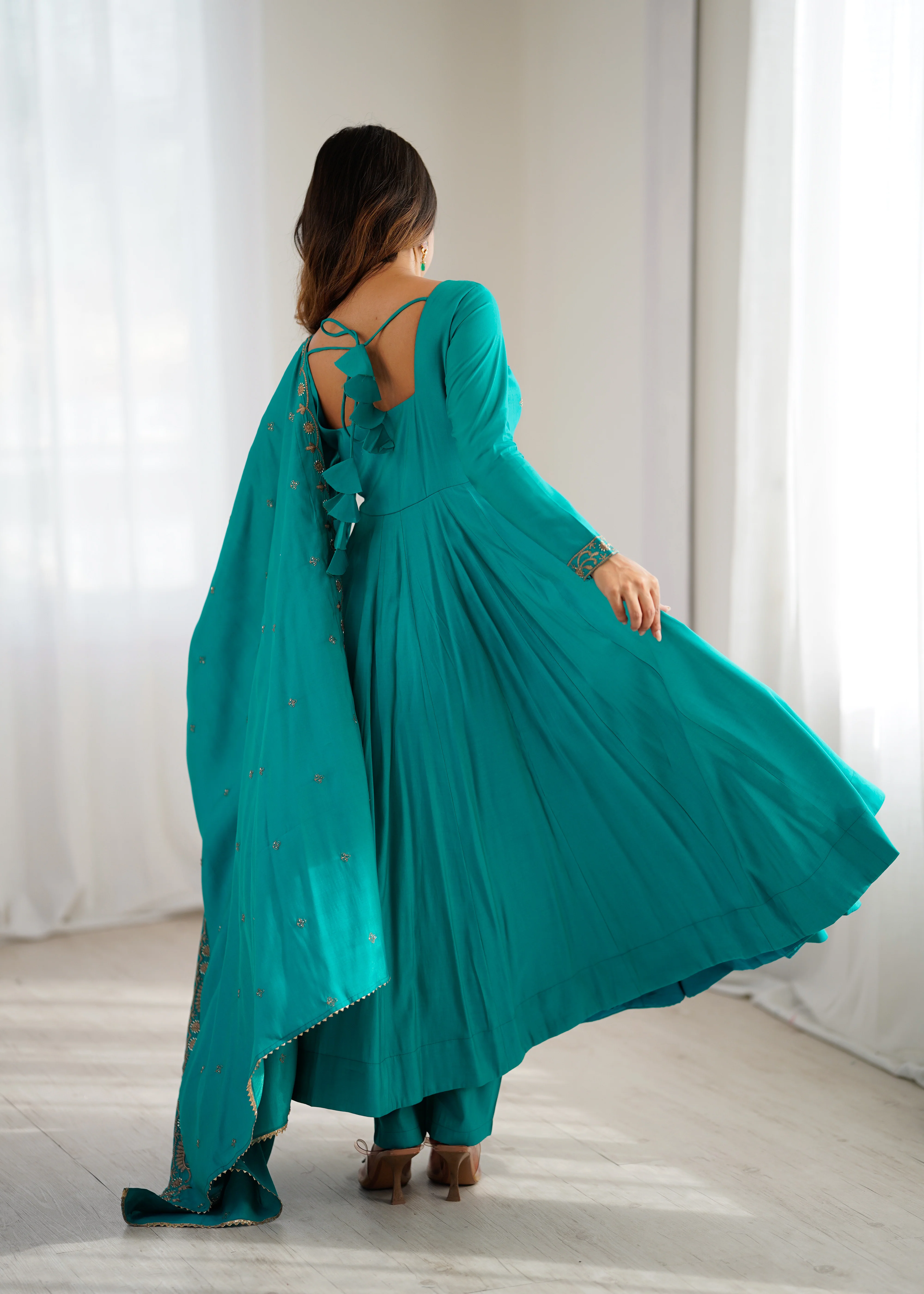 Rama Premium Pure Roman Chanderi Silk Anarkali Gown Set with Dupatta - Image 6