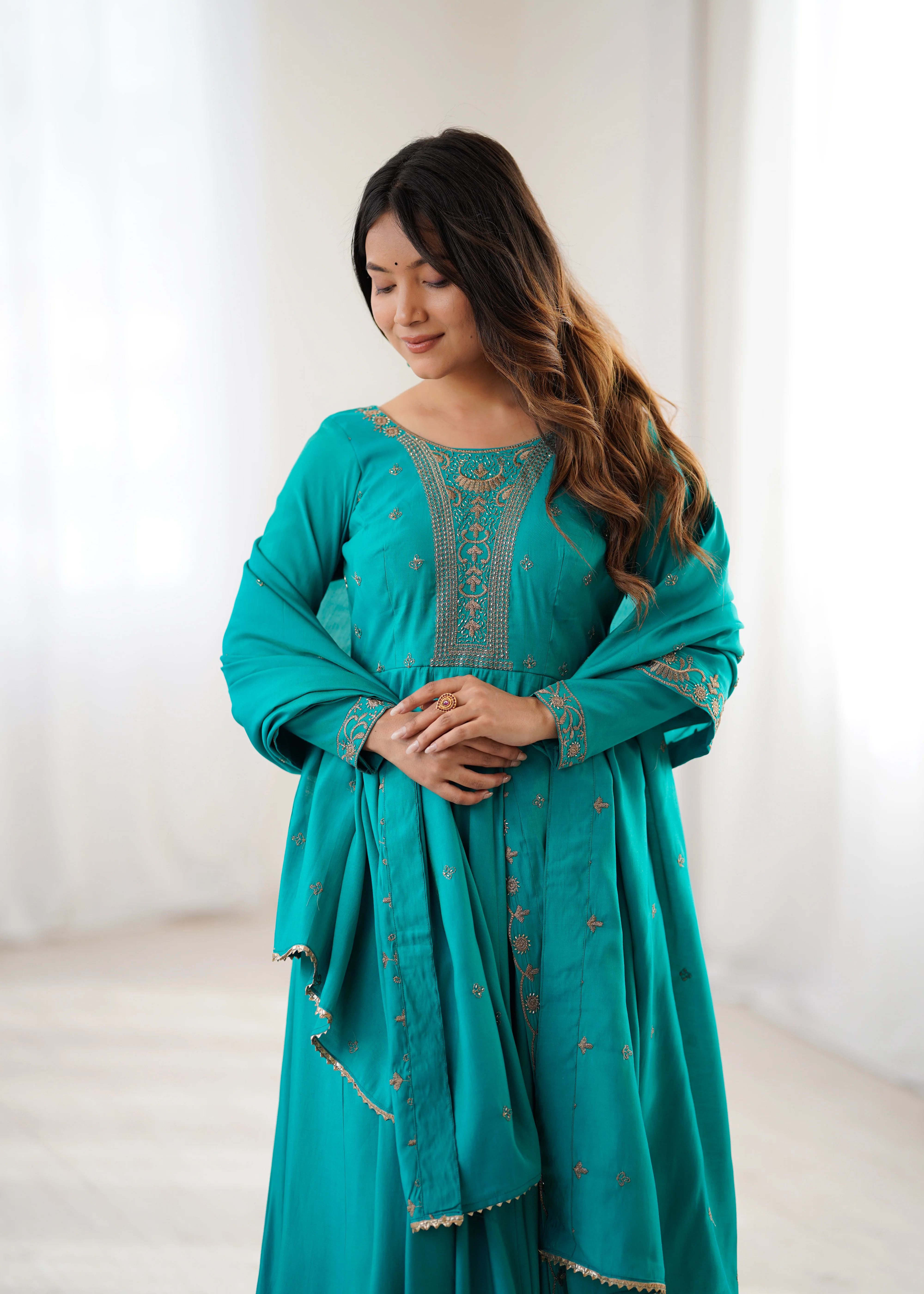 Rama Premium Pure Roman Chanderi Silk Anarkali Gown Set with Dupatta - Image 7